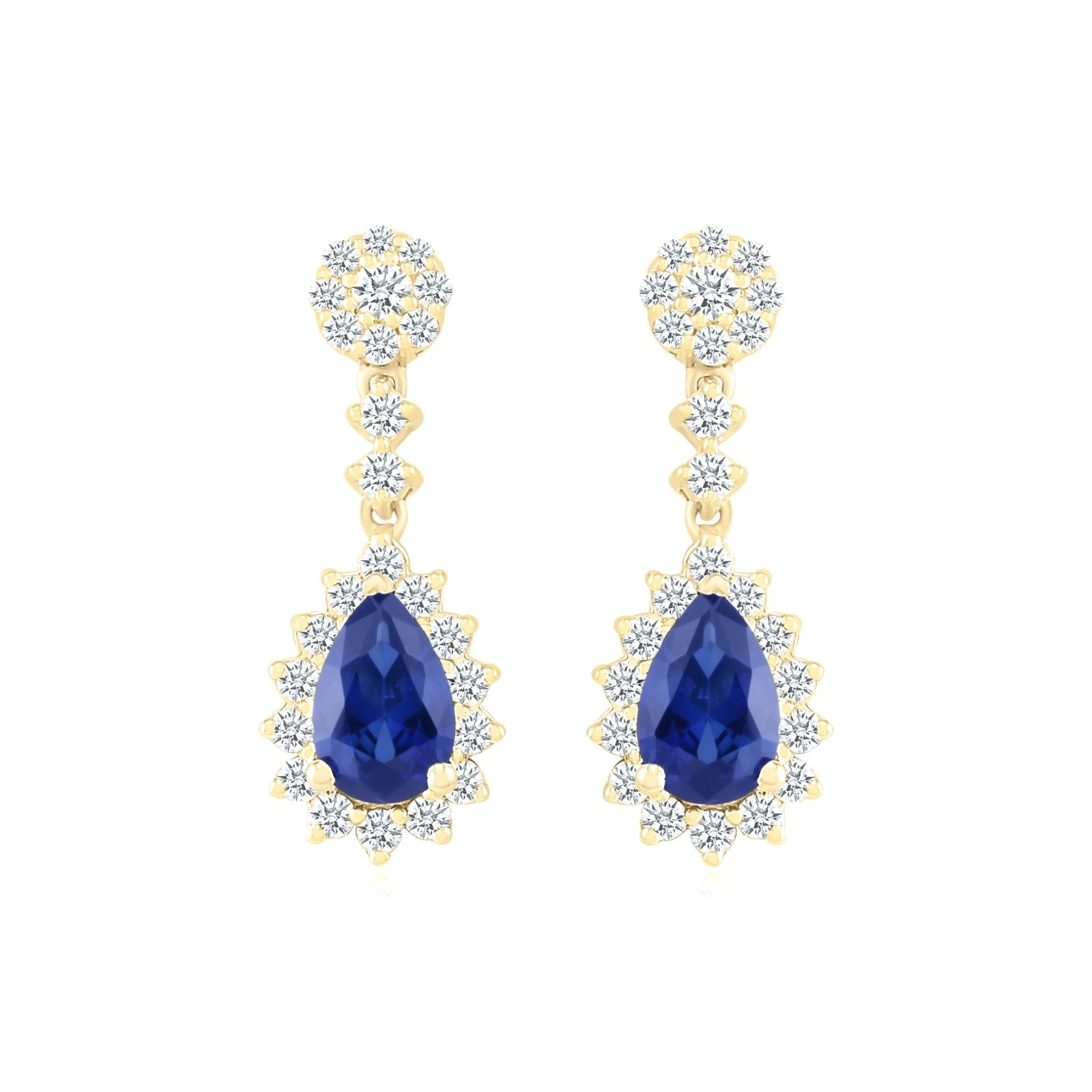 10k Yellow Gold Blue Sapphire Dangle Earrings with White Sapphire Halo - Elegant Jewelry for Weddings, Parties & Special Occasions