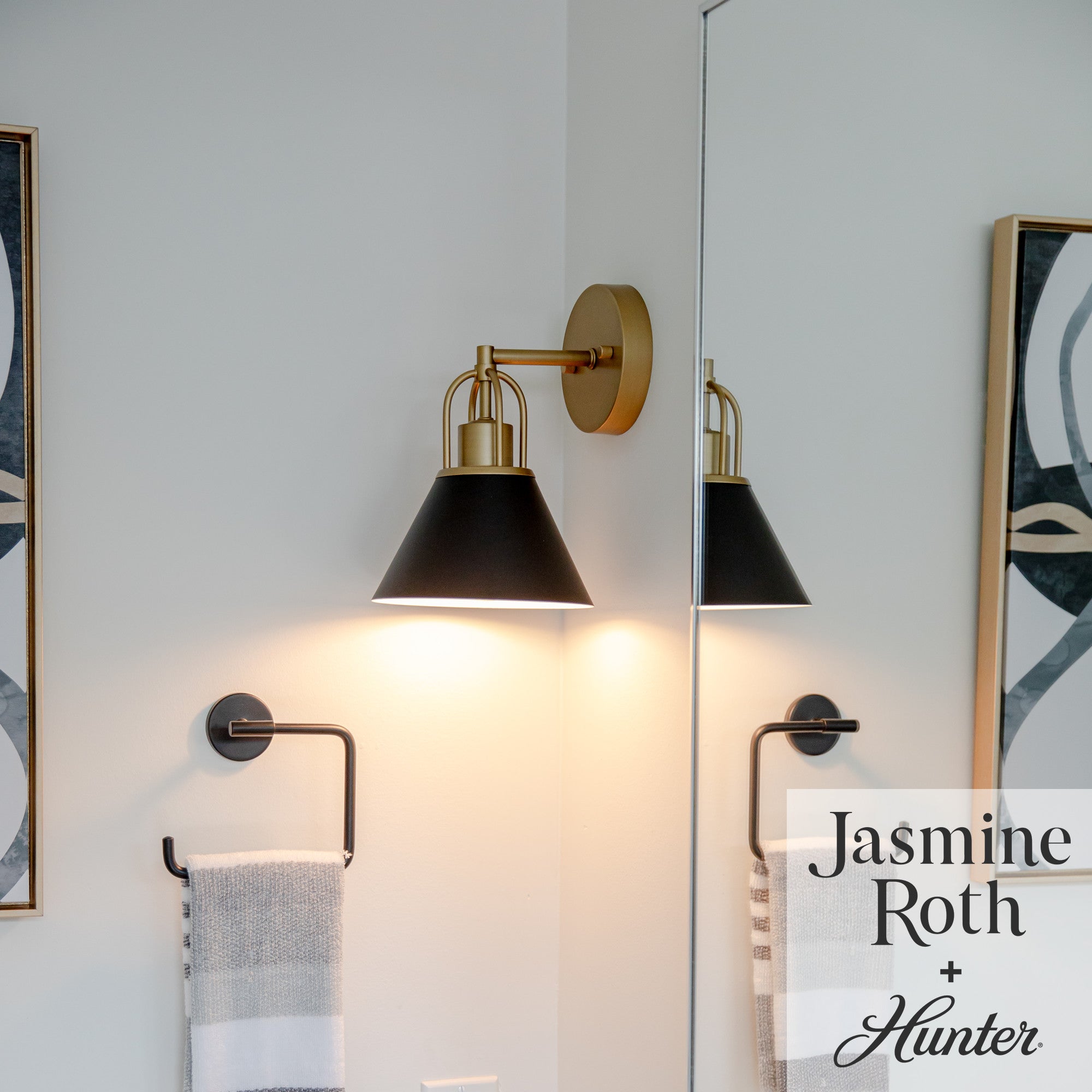 Hunter Carrington Isle Matte Black & Gold Wall Sconce - 1 Light Fixture, Jasmine Roth Collection - Perfect for Bedroom, Hallway & Entryway Lighting
