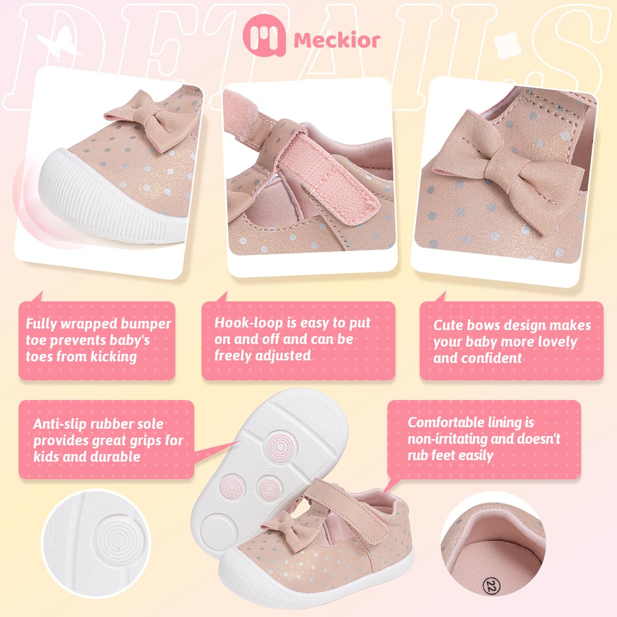 Meckior Baby Toddler Girls Walking Shoes - Non-Slip T-Strap Mary Jane First Walker Shoes for Summer & Wedding Dresses | Lightweight Anti-Collision Toe Design for Safe Play & Special Occasions