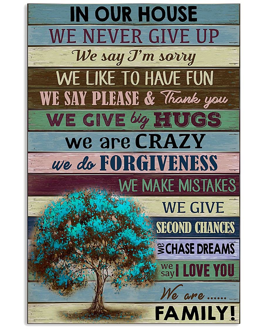 Inspirational Family Quotes Canvas Poster - Never Give Up Wall Art with Blue Tree Design, UNFRAMED 8x12in - Perfect for Living Room, Bedroom & Home Office Decor