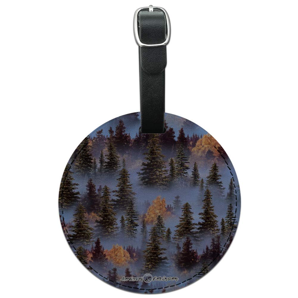 Stylish Round Leather Luggage Tag with Trees Forest Woods Outdoors Pattern - Perfect for Travel, Suitcases, Backpacks & ID Cards | Durable Personalized Name Tag for Vacation & Business Trips