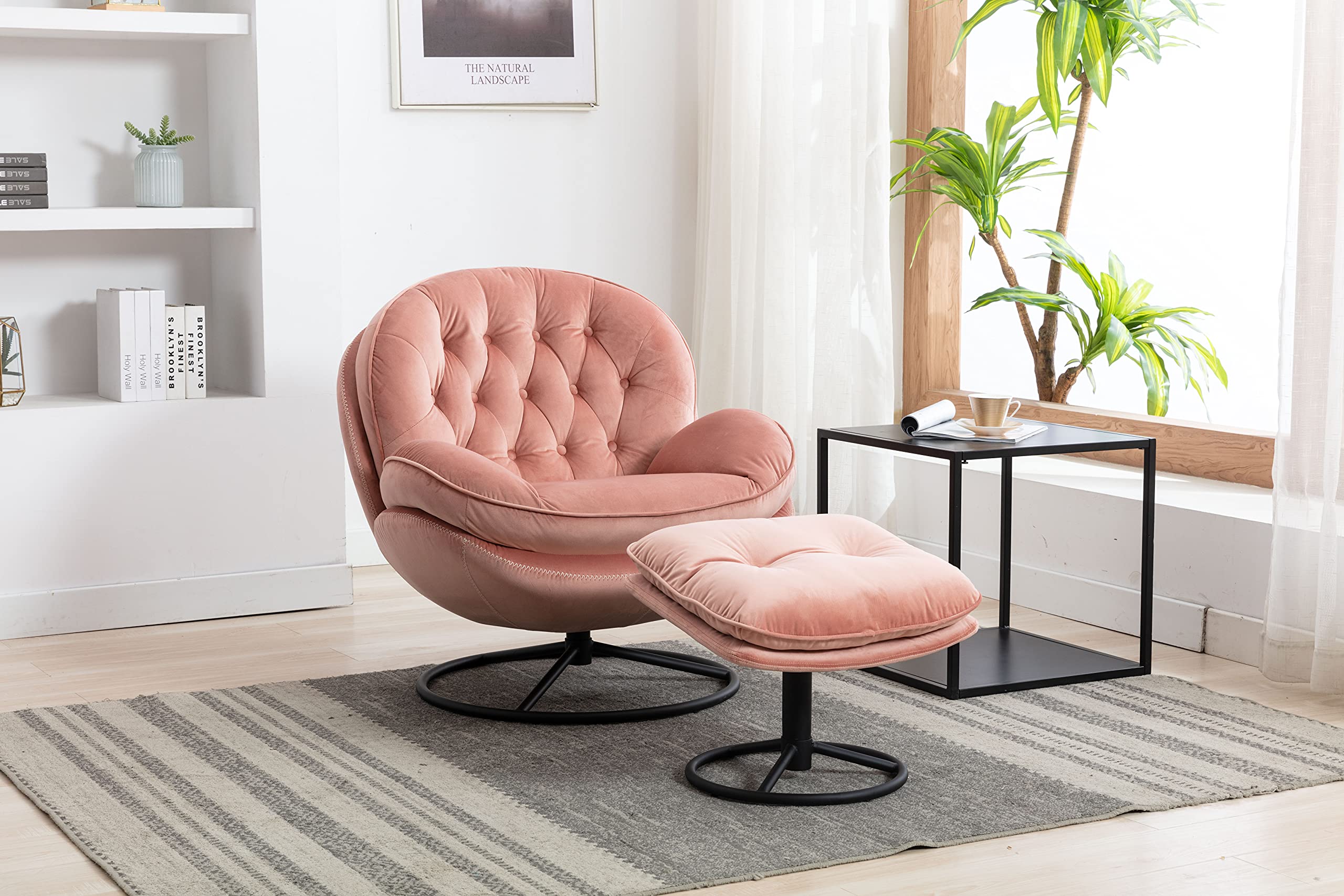 Velvet Swivel Accent Chair with Ottoman - Pink Cozy Lounge Chair for Living Room, Bedroom & Reading Nook - Modern Upholstered TV Chair & Lazy Sofa for Relaxing, Lounging or Chasing Comfort