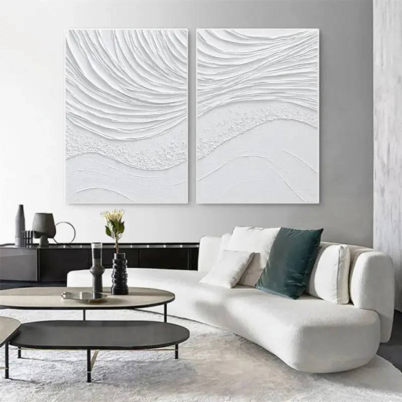 Modern White Minimalist Textured Canvas Wall Art Set of 2 - Abstract Handmade Paintings for Living Room, Bedroom & Office Decor | #MM062