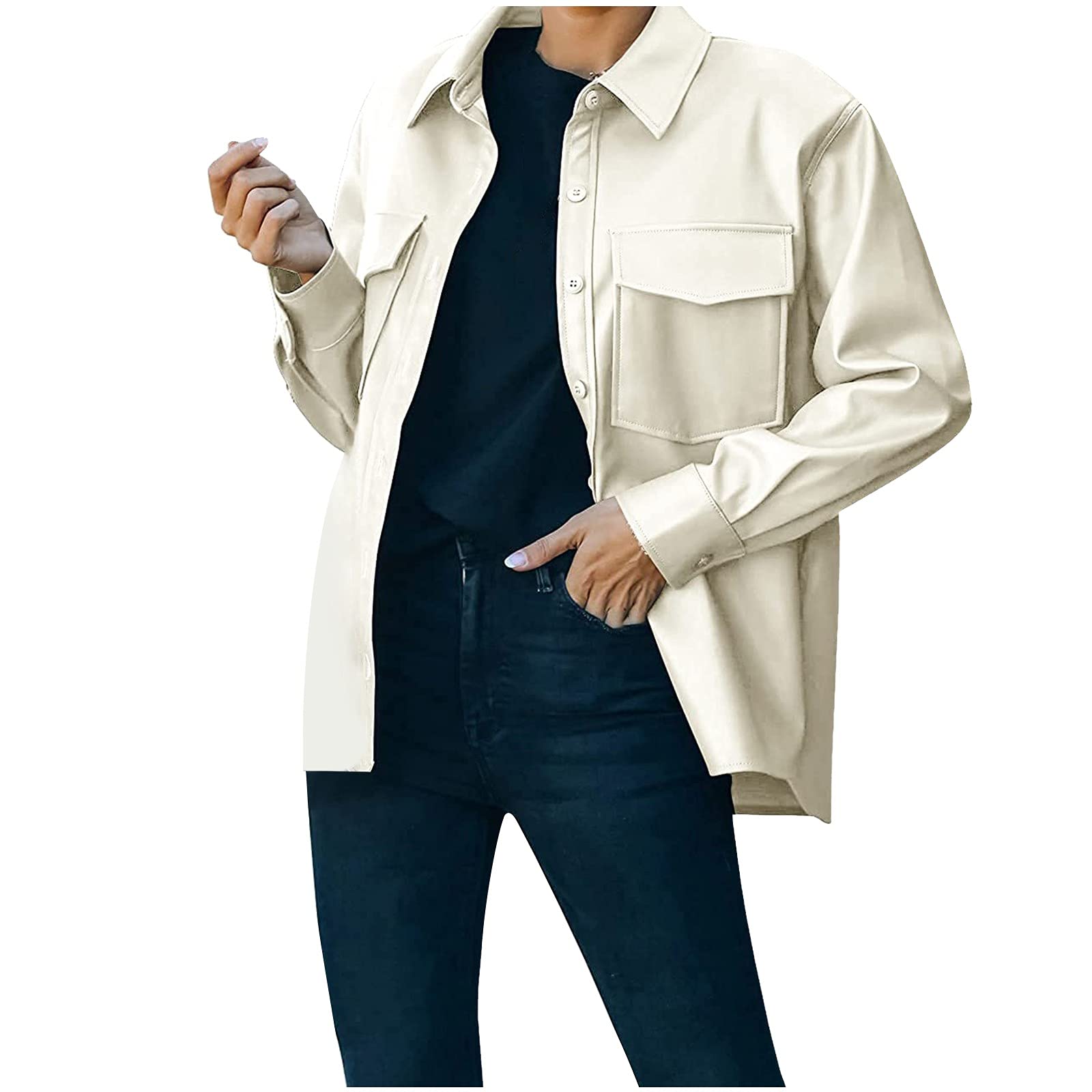 2021 Women's Casual Short Long-Sleeve Suit Jacket With Chest Pockets & Buttons - Genuine Leather Jacket for Office, Dating & Outdoor Activities