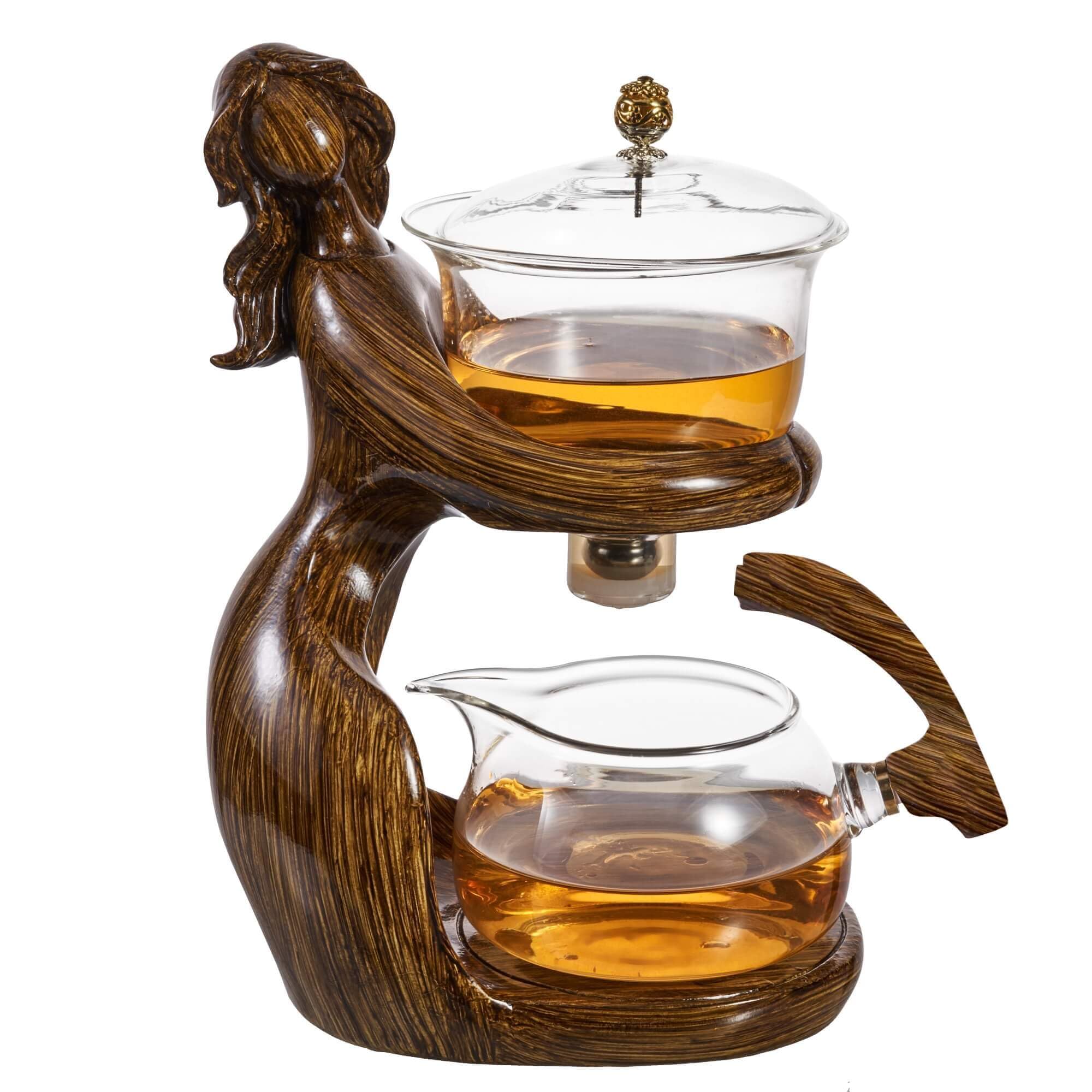Premium Semi-Automatic Glass Kung Fu Tea Set with Infuser & 6 Small Cups - Traditional Chinese Brown Teapot for Home, Office & Tea Ceremony Use