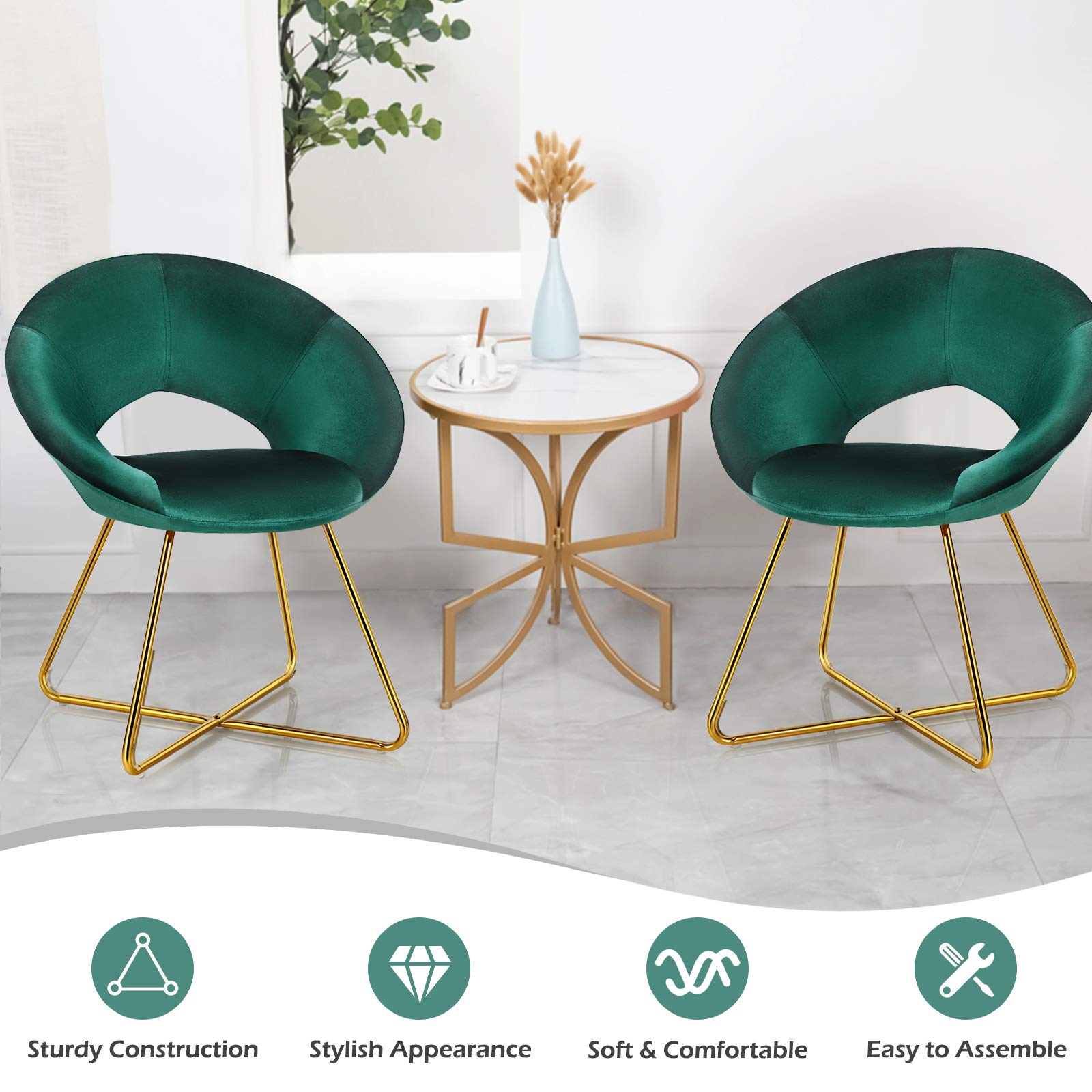 Giantex Modern Velvet Accent Chair Set of 2 - 300 LBS Capacity Mid Century Upholstered Vanity Desk Chairs for Living Room, Bedroom & Dining Room - Soft Green Velvet Decorative Armchairs (Perfect for Home Office, Reading Nook & Lounge Areas)