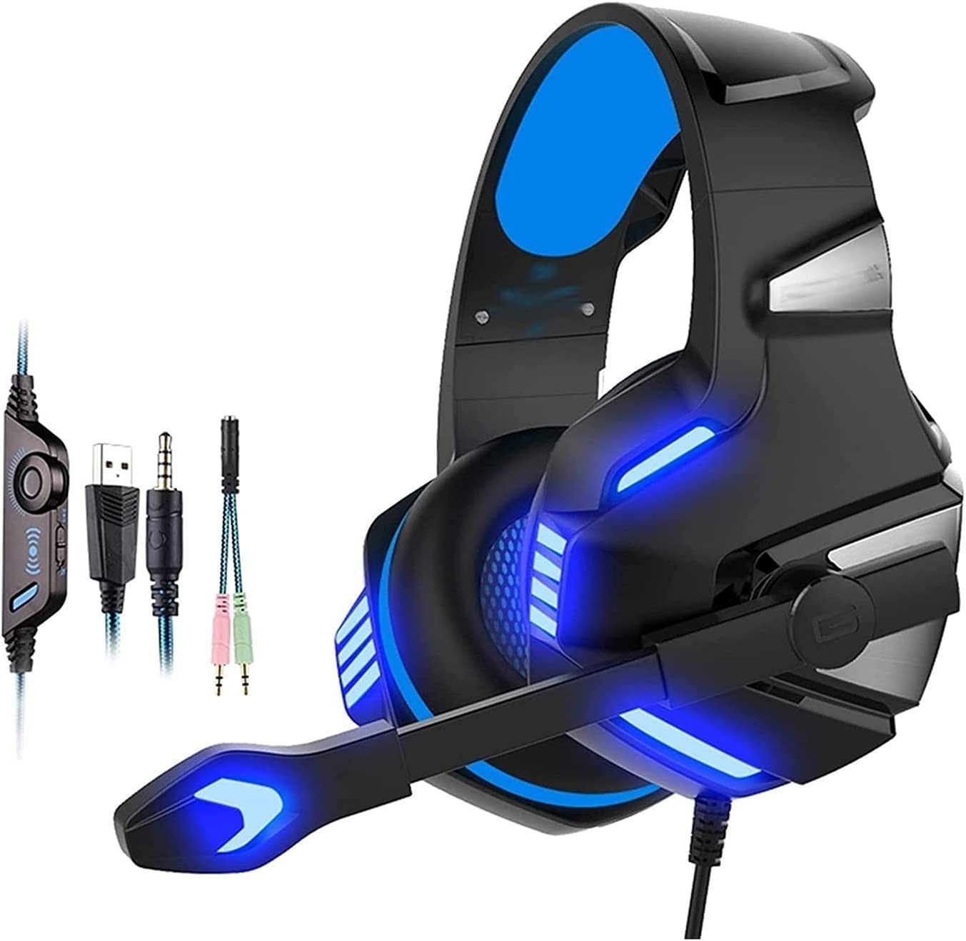 Corsehild Gaming Headset for PS4, PC - Over Ear Headphones with Noise Cancelling Mic, LED Lights & Bass Surround Sound | Soft Memory Earmuffs for Laptop Gaming, Streaming & Online Meetings