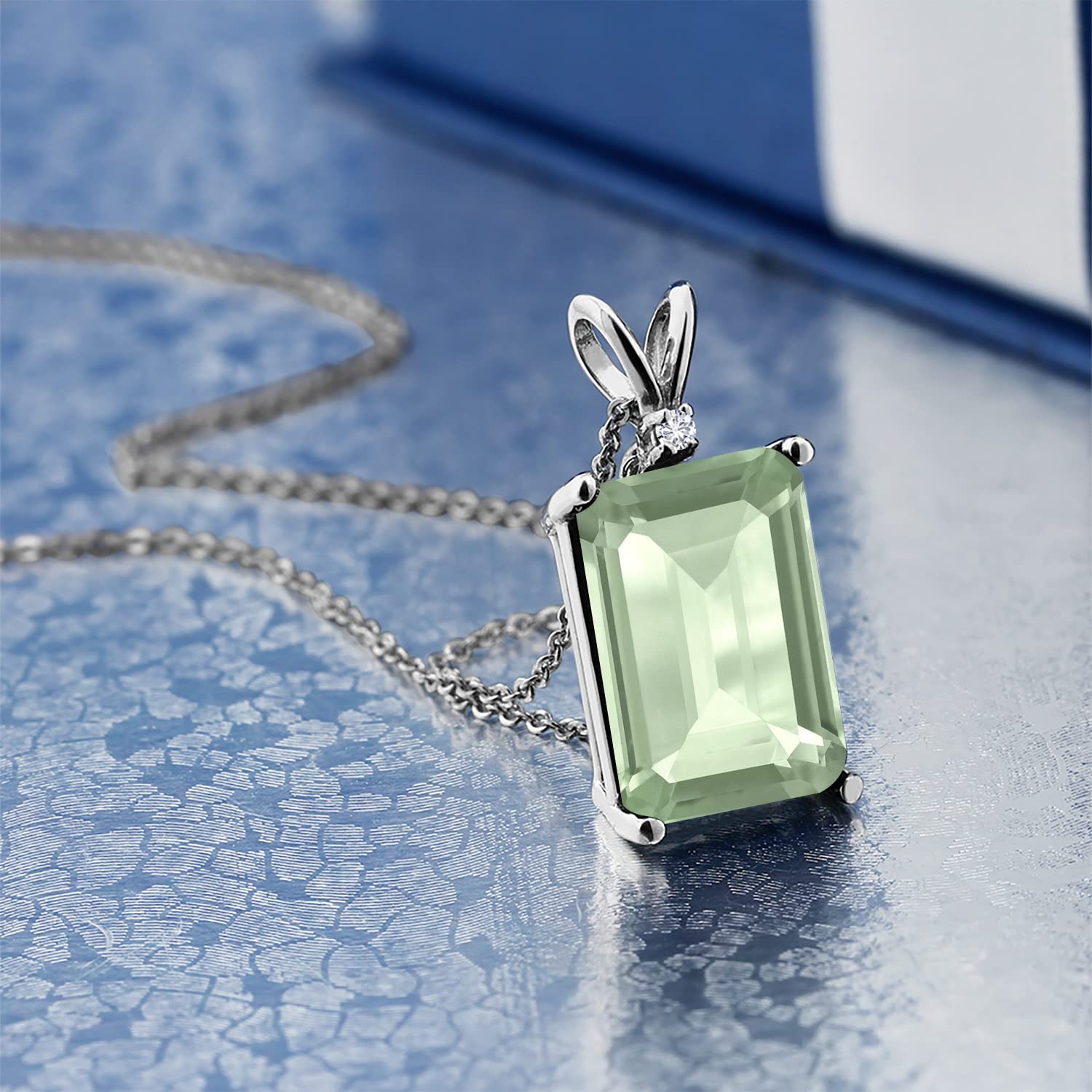14X10MM Emerald Cut Gemstone & White Diamond Pendant Necklace for Women | 925 Sterling Silver with 18