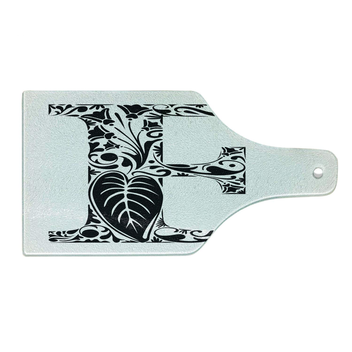 Ambesonne Letter E Cutting Board - Floral Swirls Curls Leaf Design, Blooming Meadow Inspired Retro Style Initials - Tempered Glass Serving Board for Kitchen & Dining - Wine Bottle Shape Black White - Perfect for Cheese Charcuterie & Wine Pairing Parties