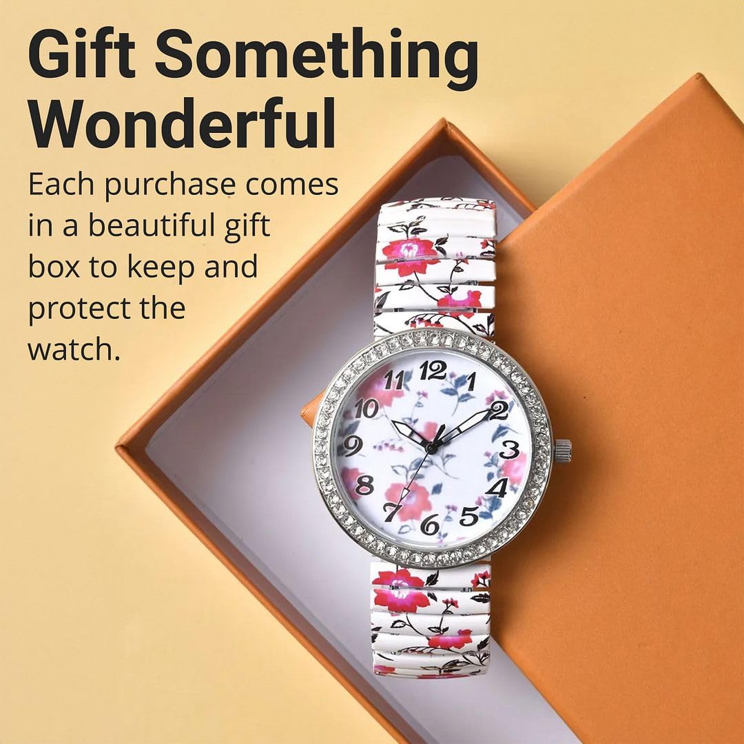 Floral Watch for Women - Stainless Steel Crystal Studded Stretch Band Flower Wristwatch - Elegant Ladies Bracelet Watch with Japanese Movement - Perfect Birthday Gift for Her, Mother's Day, Anniversary & Everyday Wear
