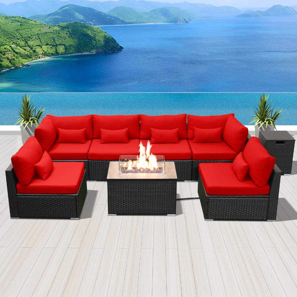 **SUNPEAK Outdoor Fire Pit Table Set - Dark Brown Rattan Sectional Sofa with Propane Firepit, Multi-Color Options (Red Rectangular Table) - Perfect for Patio, Backyard, and Garden Gatherings**