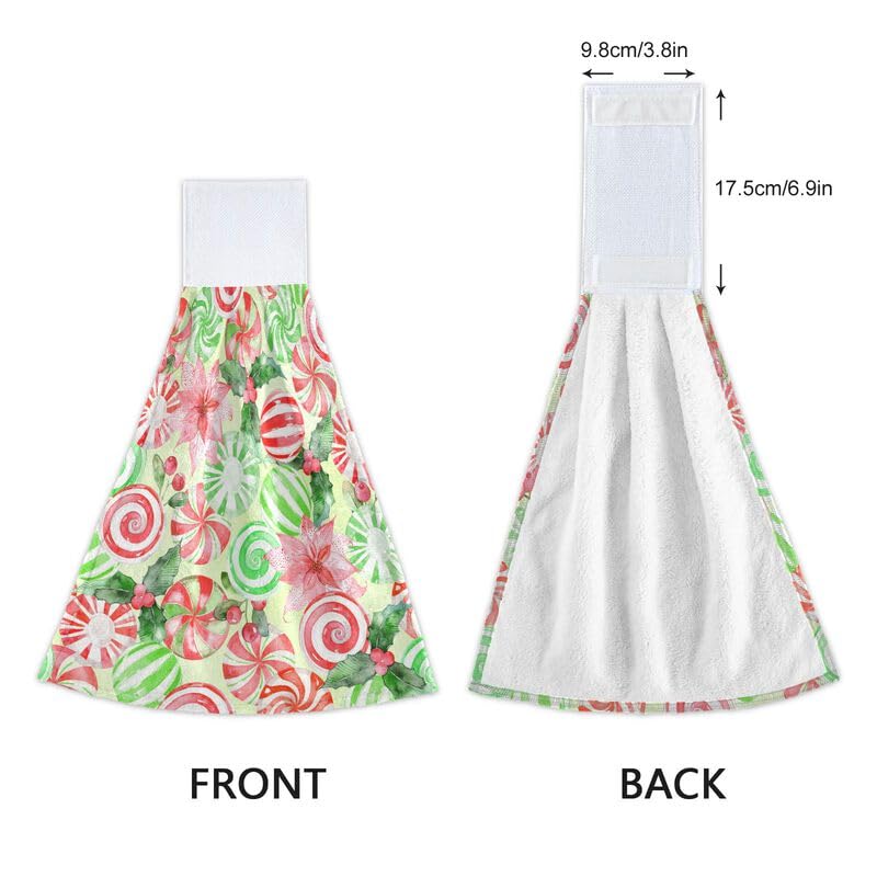 Christmas Peppermint Candy Hanging Kitchen Towels - 2PCS Absorbent Dish Cloths with Loops for Oven, Stove & Bathroom - Festive Winter Floral Hand Towels for Home Decor & Holiday Kitchen Use