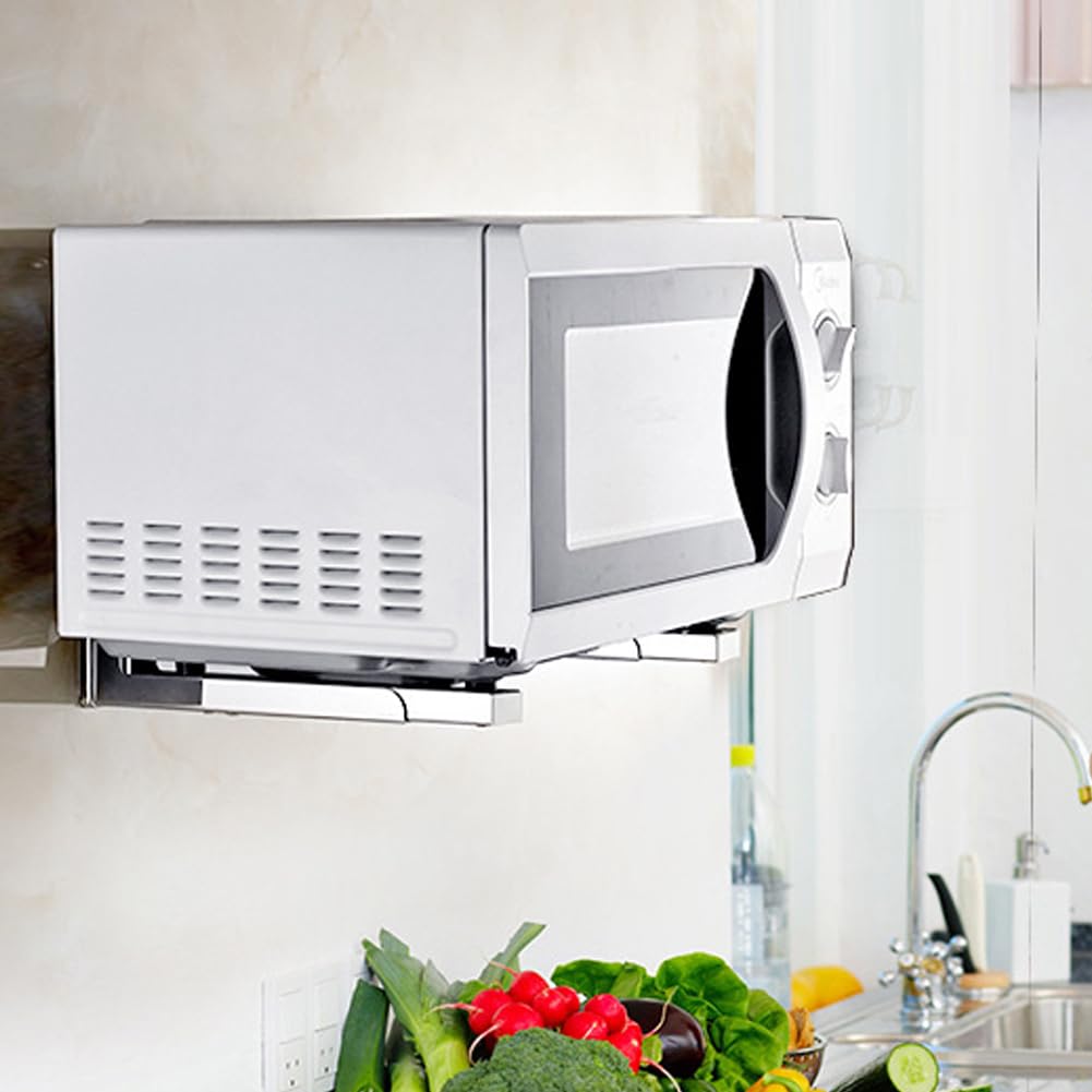 iayokocc Wall Mounted Microwave Bracket - Foldable Stainless Steel Kitchen Shelf & Oven Rack Holder (Silver) | Space-Saving Storage Solution for Small Kitchens & RVs