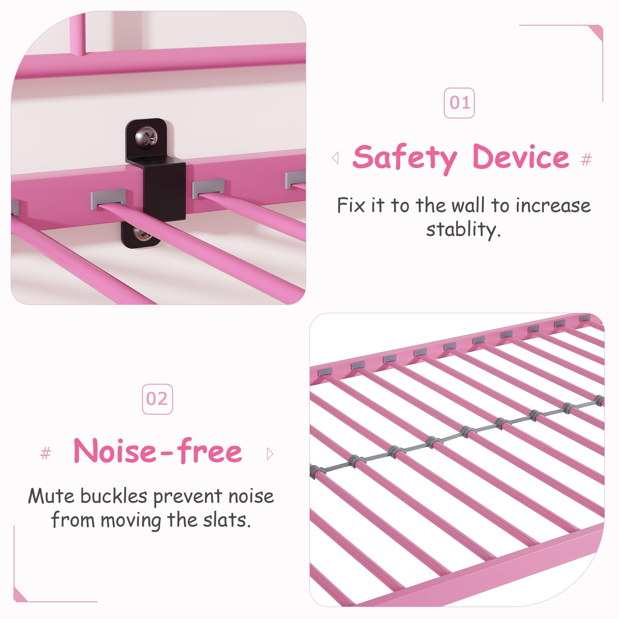 VECELO Twin Over Twin Metal Bunk Bed with Built-in Ladder & Safety Guardrail - Heavy Duty Space Saving Bunk Bed for Kids, Teens & Adults - No Box Spring Needed - Pink - Perfect for Small Bedrooms, Dorms & Guest Rooms