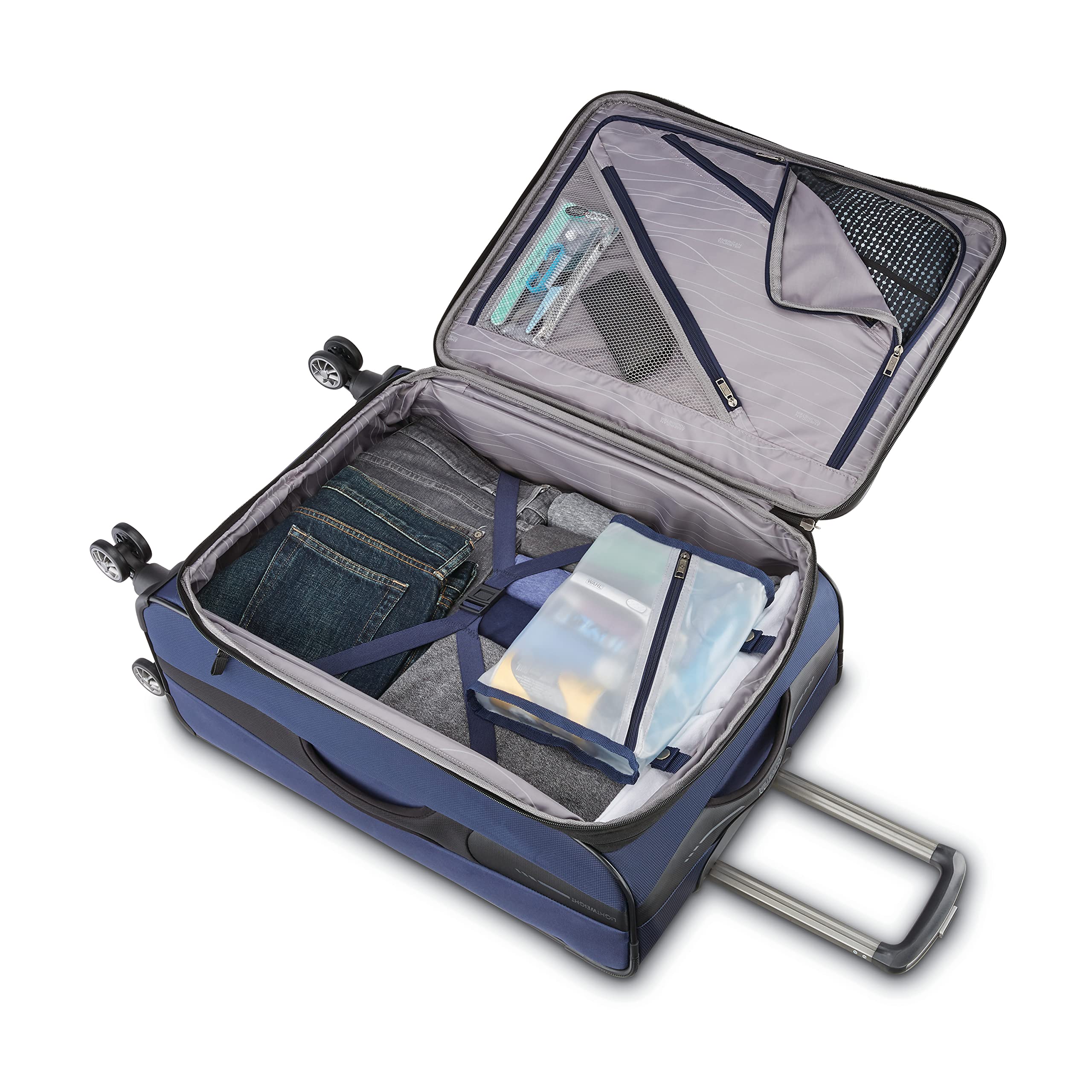American Tourister Zoom Softside Luggage with 360° Spinner Wheels - Navy Blue Checked-Medium 25-Inch Suitcase for Travel, Business Trips & Family Vacations | Durable & Lightweight Carry-On Luggage
