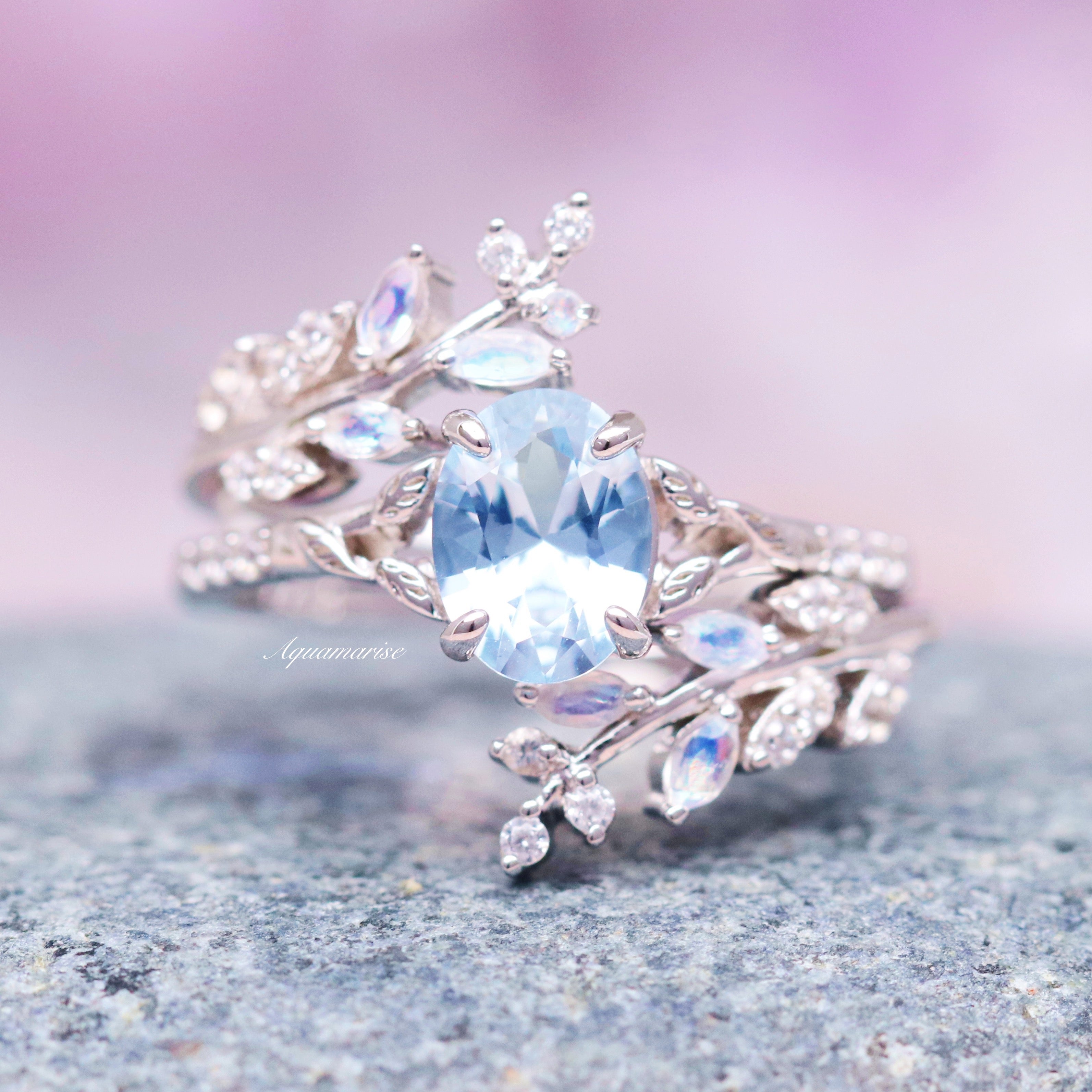 Fairy Aquamarine, Moonstone & Moissanite Leaf Engagement Ring Set in 14K White Gold - Perfect for Weddings, Proposals & Anniversary Gifts