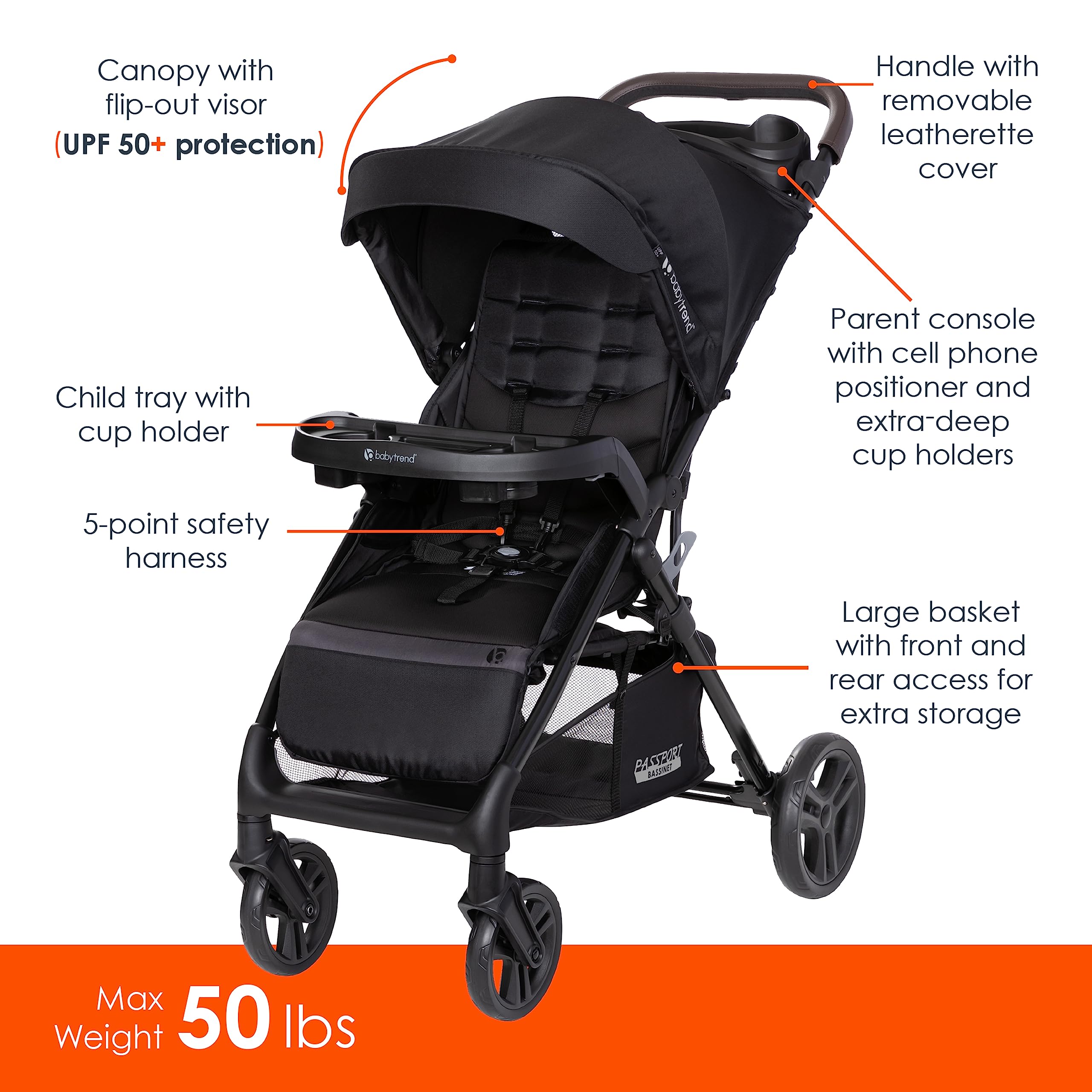 Baby Trend Passport DLX Travel System Stroller with EZ-Lift Plus Infant Car Seat - Uptown Black | Lightweight Compact Stroller for Newborns & Toddlers | Perfect for Air Travel, Shopping & Daily Walks