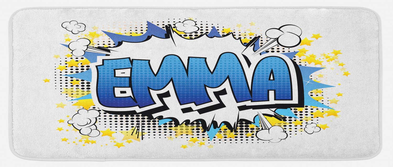Ambesonne Emma Non-Slip Kitchen Mat - Cartoon Stars & Burst Design for Teen Girls, Plush Decor Rug with Anti-Skid Backing, 47x19 Inches, Blue Yellow Black - Perfect for Bedroom, Dorm, or Playroom Decor