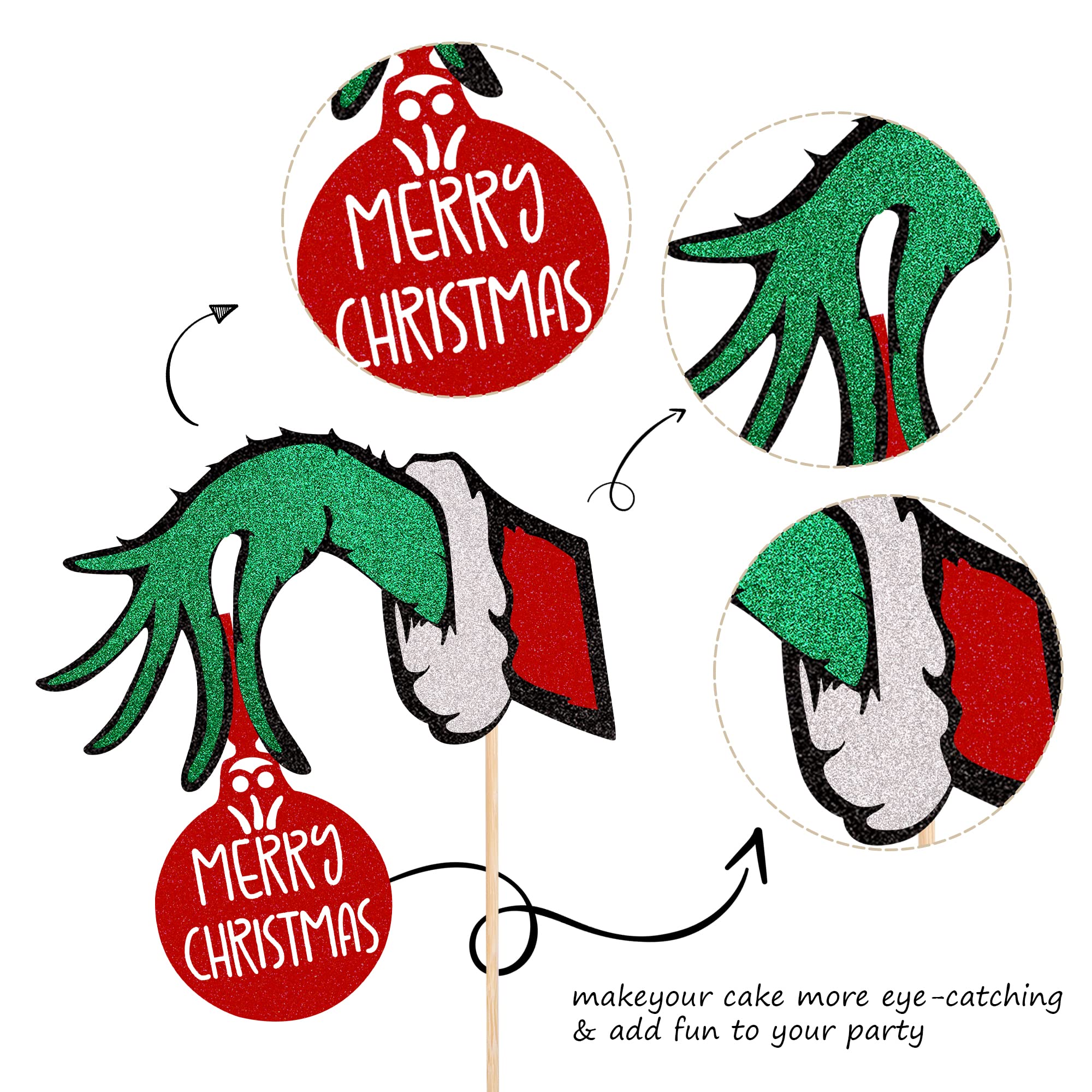 1 PCS Merry Christmas Cake Topper with Red and Green Glitter - Christmas Party Cake Decorations - Holiday Baking Supplies for Christmas Desserts, Cupcakes, and Festive Treats