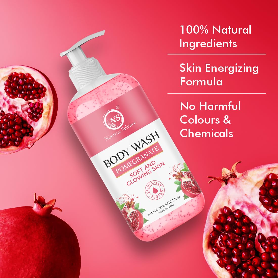 Nuerma Science Brightening Pomegranate Body Wash - 100% Natural Shower Gel for Glowing Skin | Soothing, Moisturizing & Hydrating Body Cleanser | Paraben & Sulfate Free, Vegan (300ml) | Perfect for Daily Use & Spa-Like Experience at Home