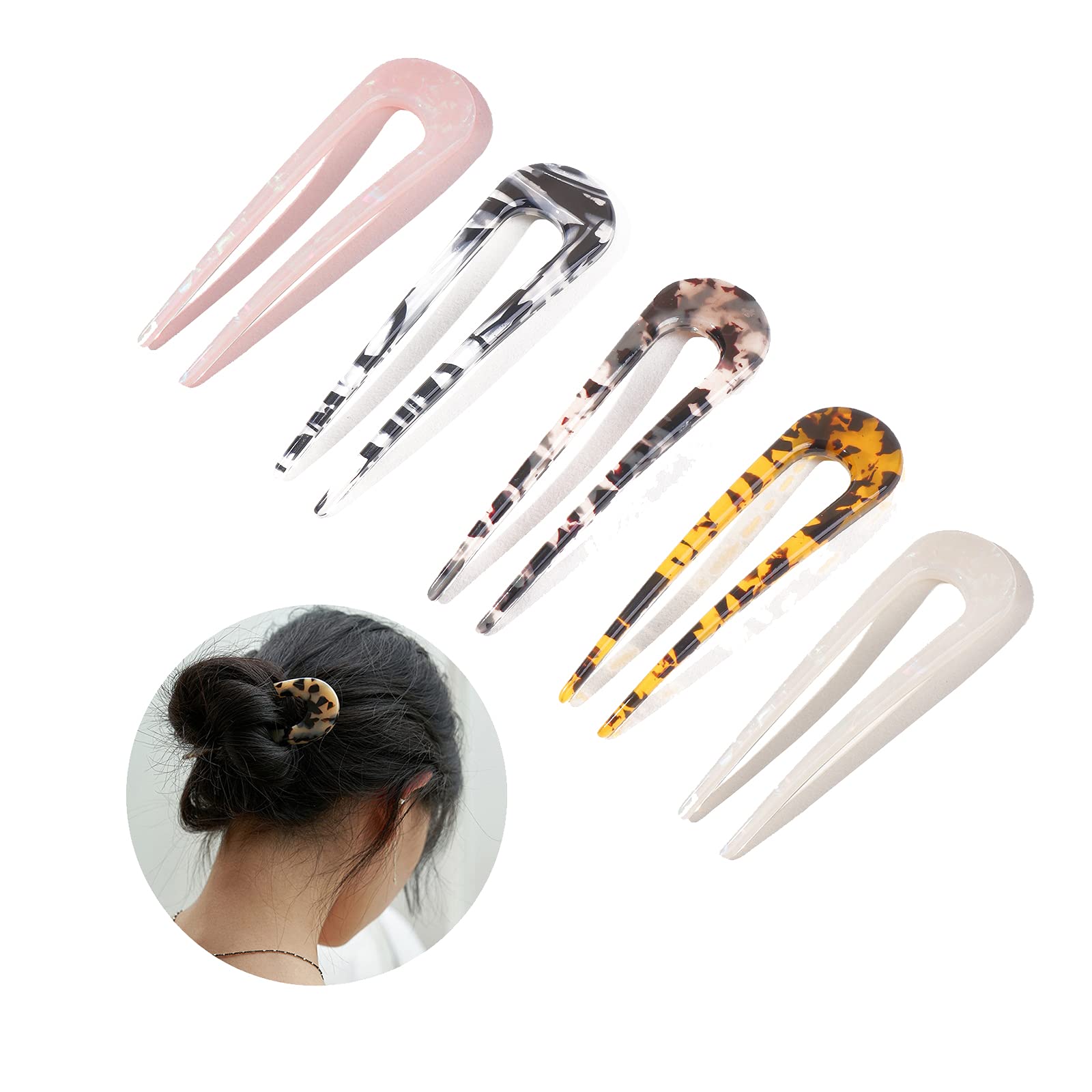 Caretoto 5-Piece French Style U-Shaped Hair Pins Set - Acetate Tortoise Shell Hair Accessories for Women, Perfect for Buns, Updos & Everyday Styling - Salon-Quality Hair Sticks for Wedding, Party & Professional Use