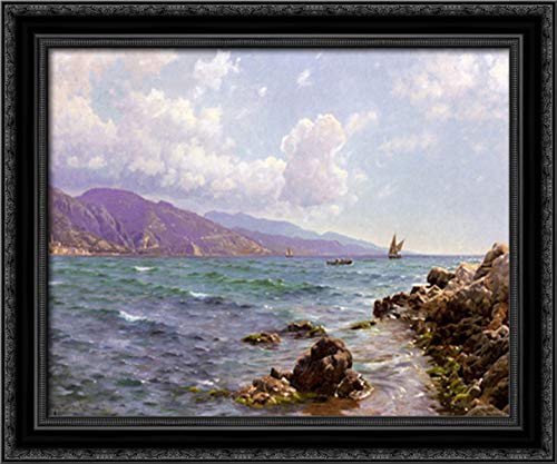 Peder Mork Monsted Framed Canvas Art - Fishing Boats on Water at Cap Martin, 24x20 Inch Black Ornate Wood Frame - Perfect for Living Room, Bedroom, or Office Wall Decor