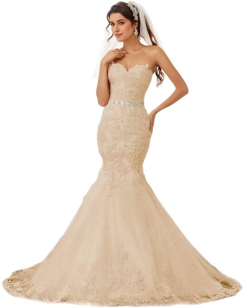 Elegant Lace Mermaid Wedding Dress 2025 | Strapless Beach Bridal Gown with Applique Tulle | Perfect for Boho Beach Weddings, Destination Elopements & Romantic Seaside Ceremonies