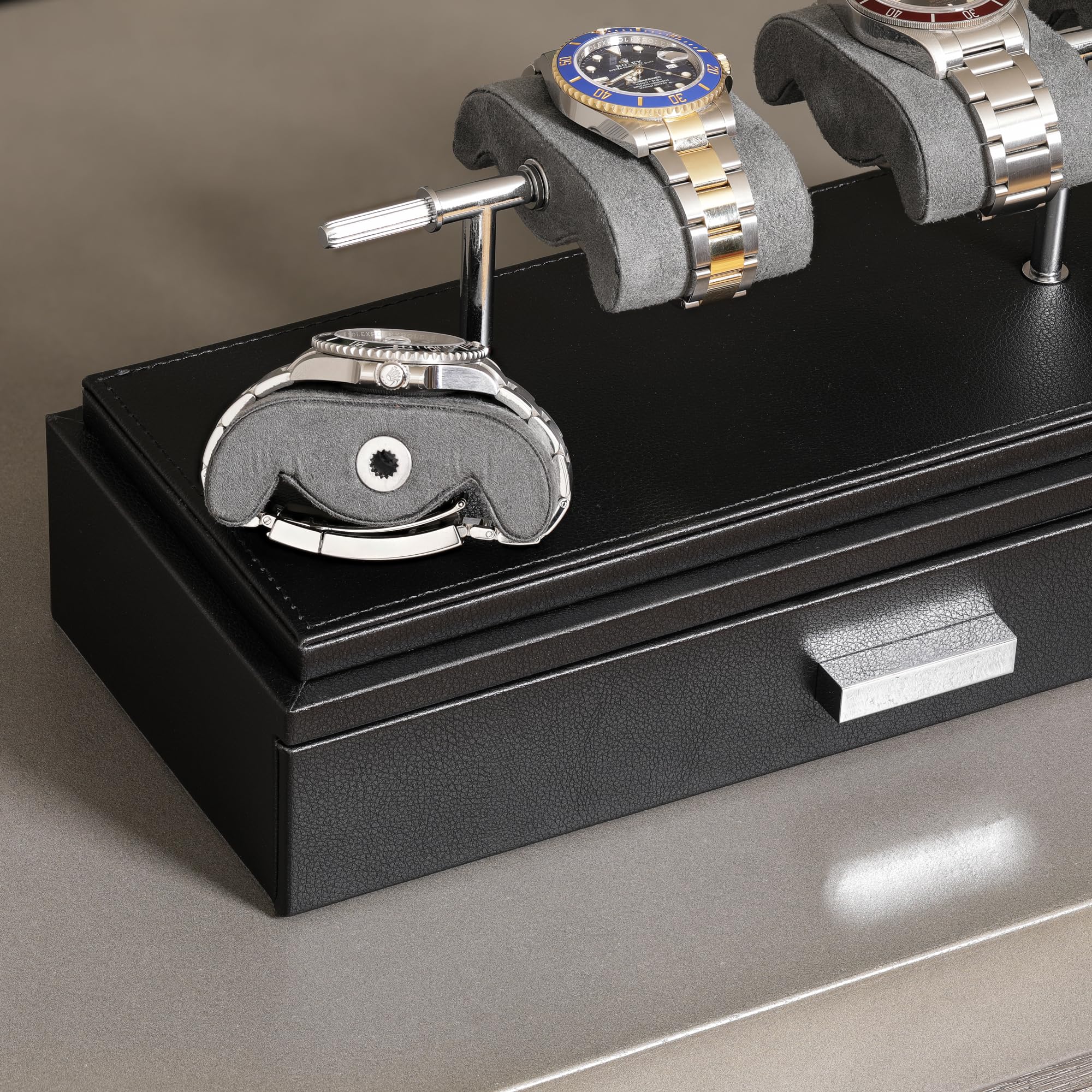 ROTHWELL Luxury Watch Display Case for 4 Watches – Premium Leather Watch Box with Clear Acrylic Cover & Removable Cushions – Multi-Use Accessory Drawer (Black/Grey) – Perfect for Watch Collectors, Gifts & Jewelry Storage