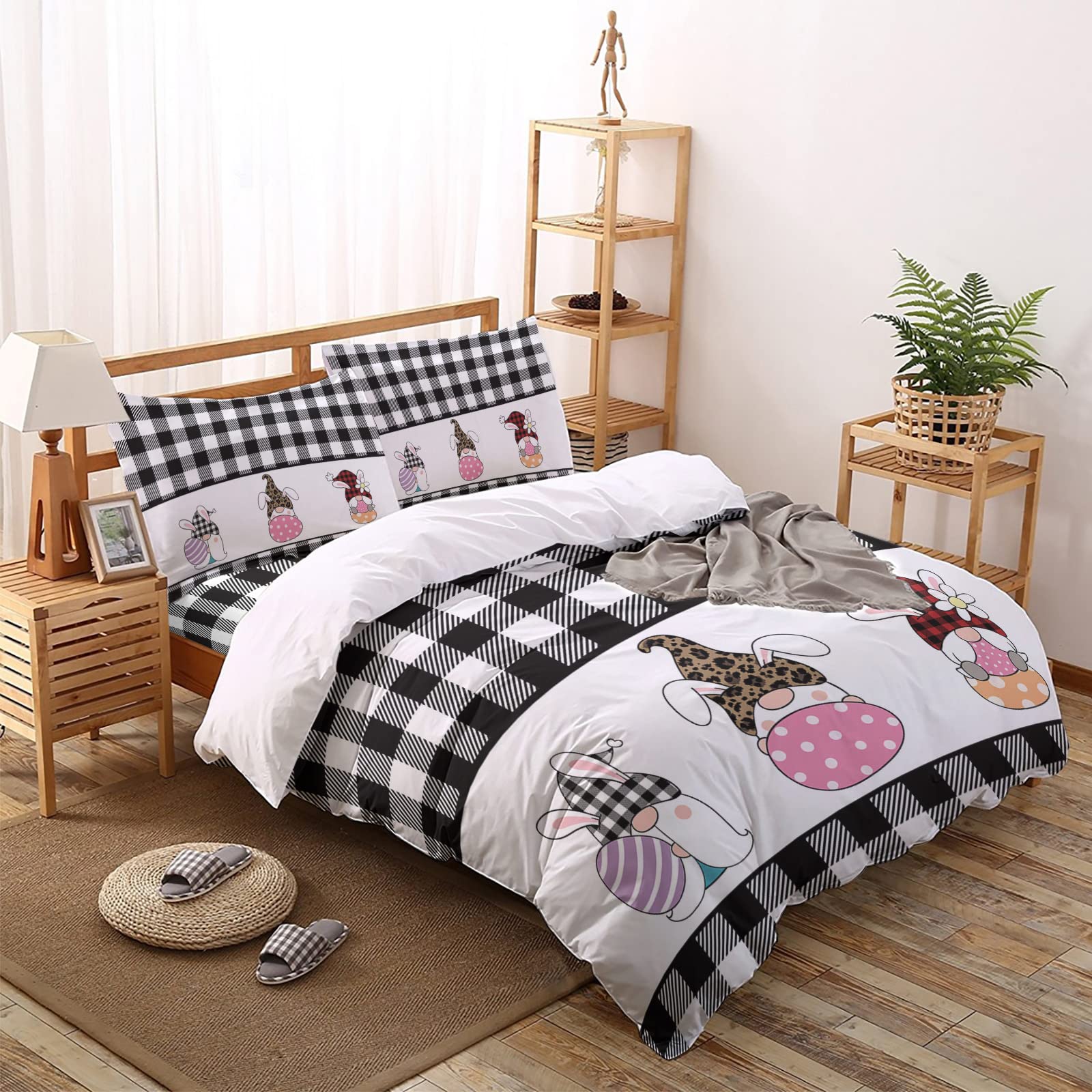 Fangship 4-Piece Duvet Cover Set - Happy Easter Cute Bunny Ear Gnome Design, Black & White Buffalo Check Plaid Pattern, Luxury Soft Comforter Cover with Zipper & Corner Ties - Perfect for Easter Decor, Bedroom Makeover, and Cozy Seasonal Home Styling