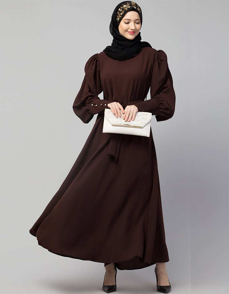 Elegant Arabic Long Cuff Gathered Puffed Sleeve Brown Abaya Dress for Women | Modest Islamic Clothing | Perfect for Prayer, Eid, Wedding & Special Occasions