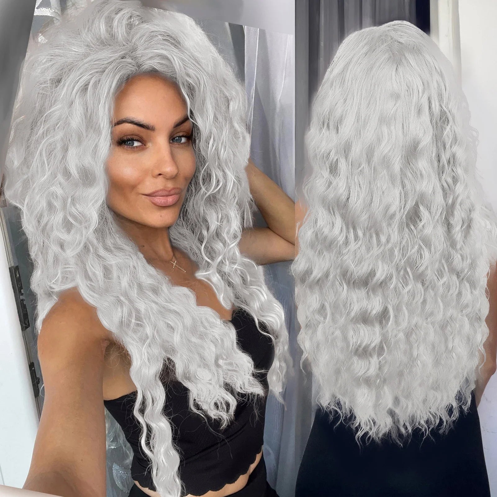 Ash Blonde Synthetic Long Curly Wig for Women - Fluffy Ombre Wave Hairstyle | Perfect for Costume Parties, Carnival, Cosplay & Daily Fashion