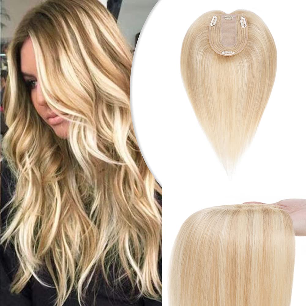 100% Human Hair Topper for Women – 12 Inch Ash Blonde Mix Bleach Blonde Hairpiece with 4