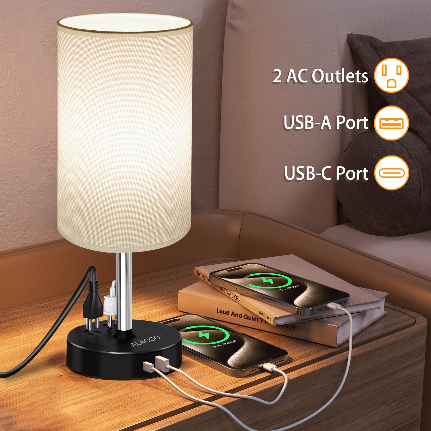 Modern Touch Control Bedside Table Lamp with USB-C & USB-A Charging Ports, 3-Way Dimmable Nightstand Light with AC Outlet (1000W) - Perfect for Bedroom, Kids Room & Office Workspace (Includes E26 LED Bulb) - Ideal for Reading, Working & Nighttime Charging Needs