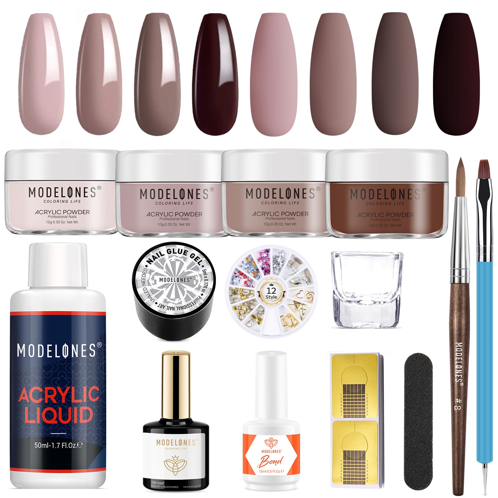 Modelones 14pcs Acrylic Nail Kit with Nude Acrylic Powder, Liquid Monomer, Nail Brush, Gel Glue & Top Coat - Professional Nail Extension Set for Beginners | DIY Salon Manicure at Home, Party & Special Occasion Nails