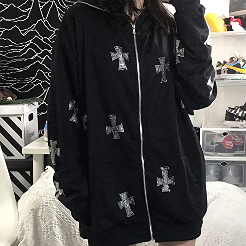 SOLILOQUY Women's Hip Hop Jogger Hoodie Set - Korean Punk Style Rhinestone Gothic Long Sleeve Sweatshirt & Y2K Jacket for Streetwear, Dance, and Casual Outfits