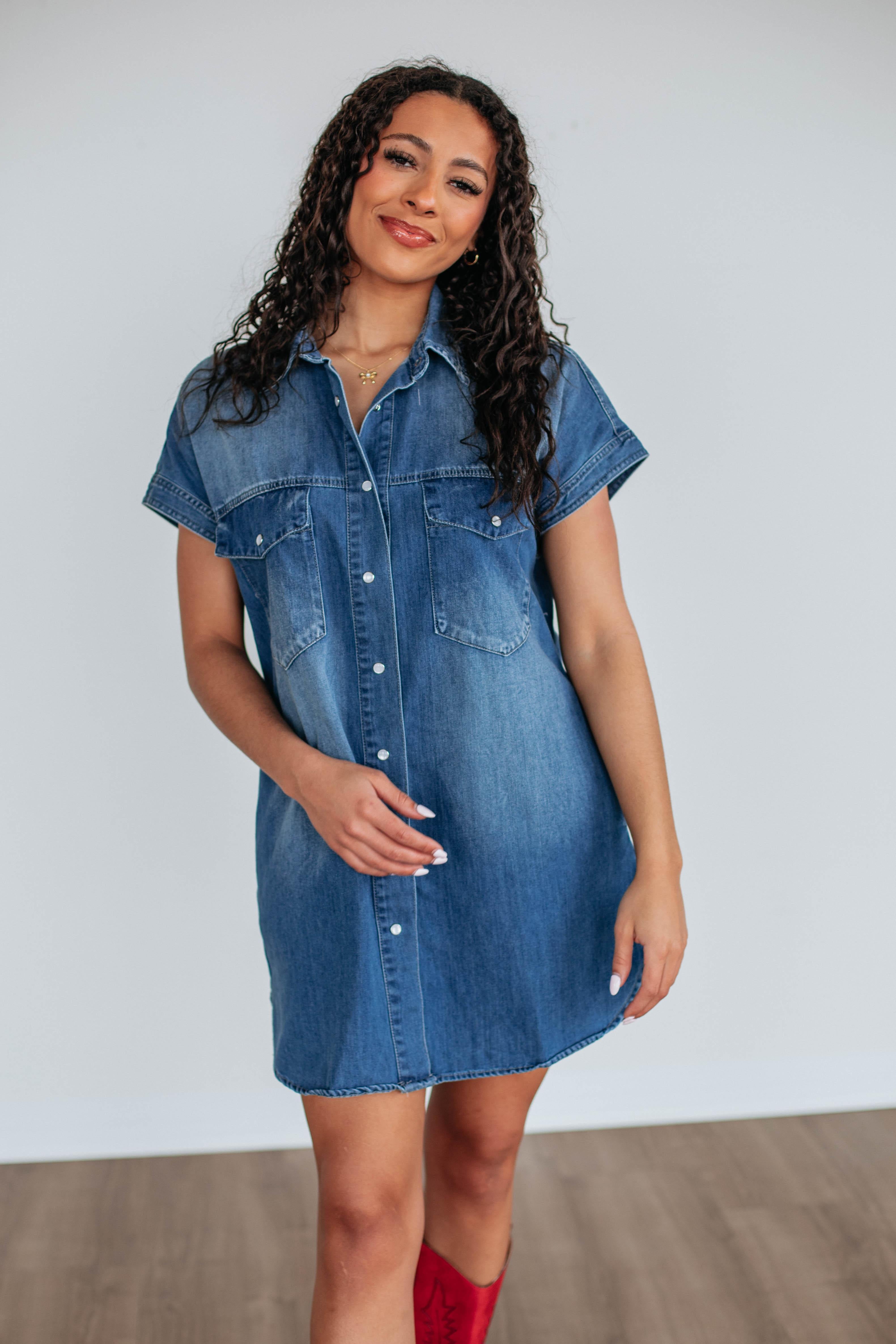 Evony Women's Denim Dress - Casual Vintage Style Midi Dress for Everyday Wear, Date Night & Office Outfits