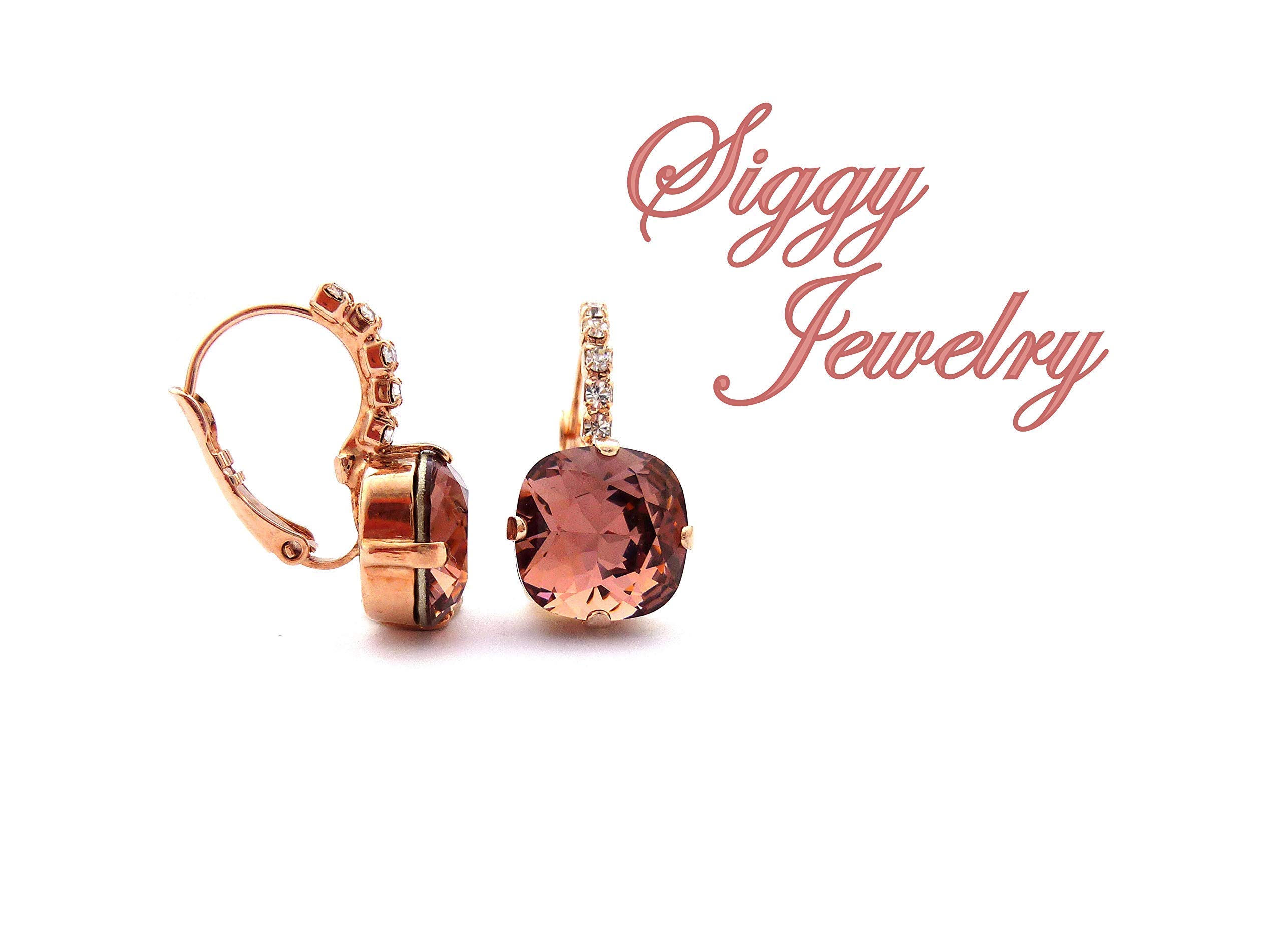 Genuine 12mm Austrian Crystal Blush Rose Cushion Cut Earrings - Rose Gold Finish with Clear Accents | Perfect for Weddings, Date Nights & Special Occasions