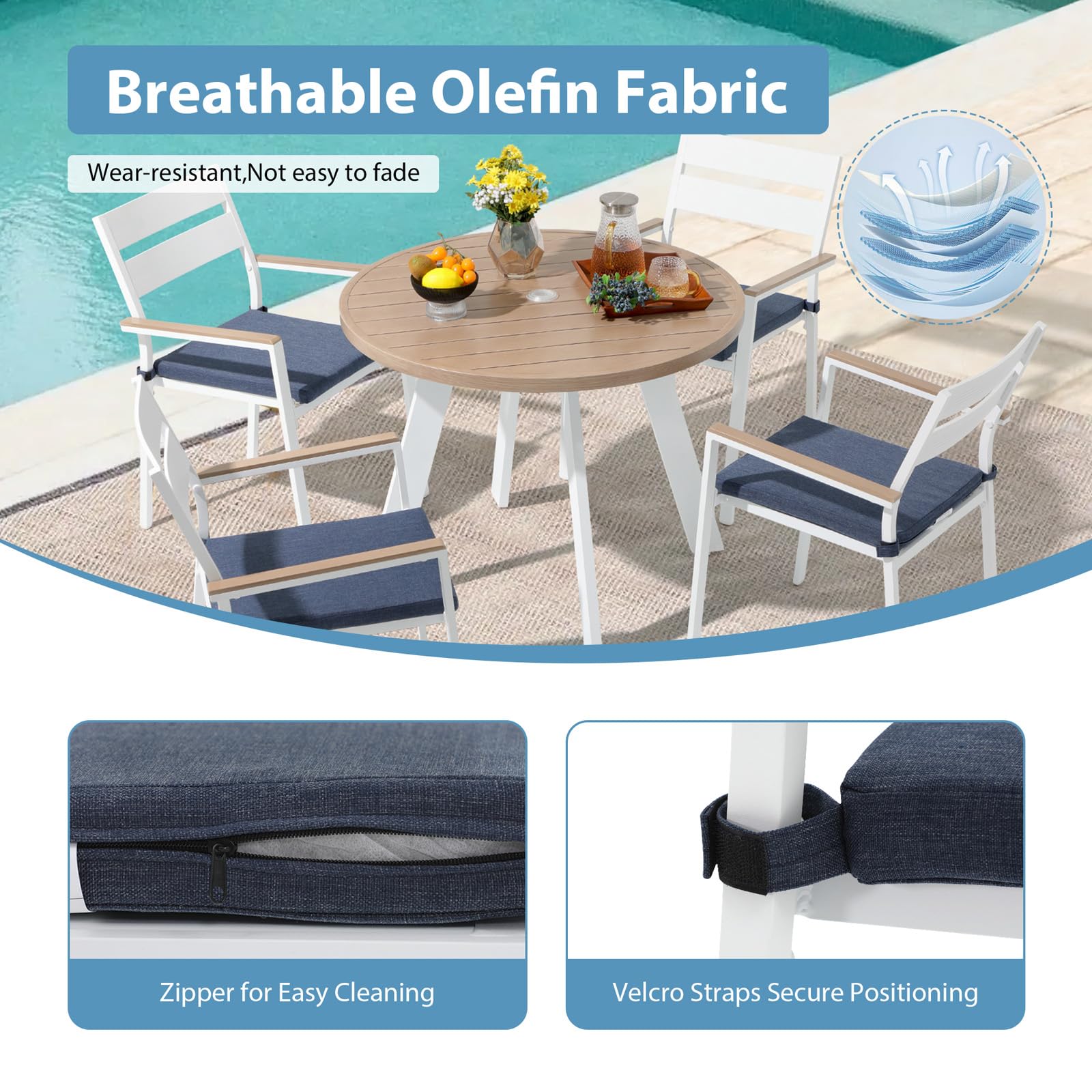 JOIVI 5-Piece Outdoor Dining Set - Aluminum Patio Furniture with Wood Grain Tabletop & Navy Blue Cushions, Stackable Chairs for 4 People, 2.05
