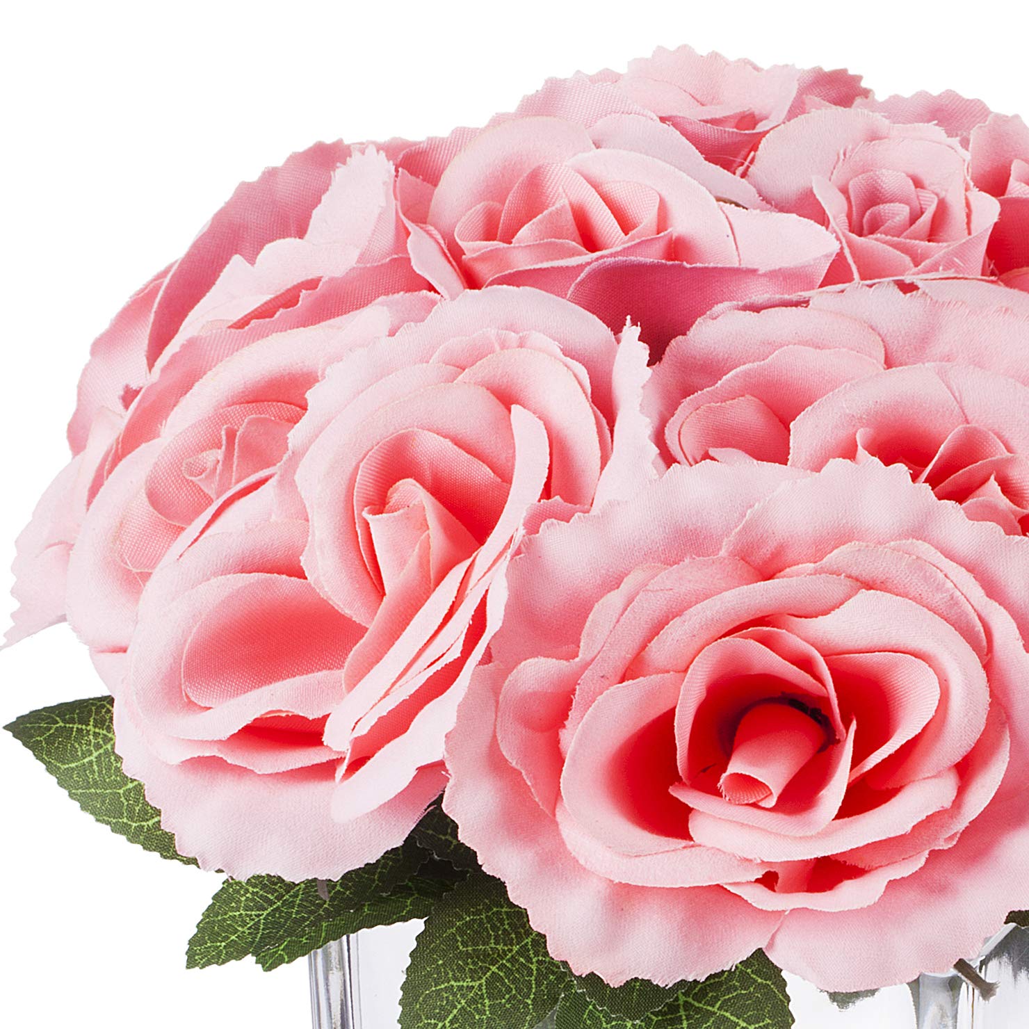 ENOVA HOME Artificial Velvet Rose Flower Arrangement in Clear Cube Glass Vase with Faux Water - Elegant Home & Office Decor, Wedding Centerpiece, Tabletop Display (Pink)