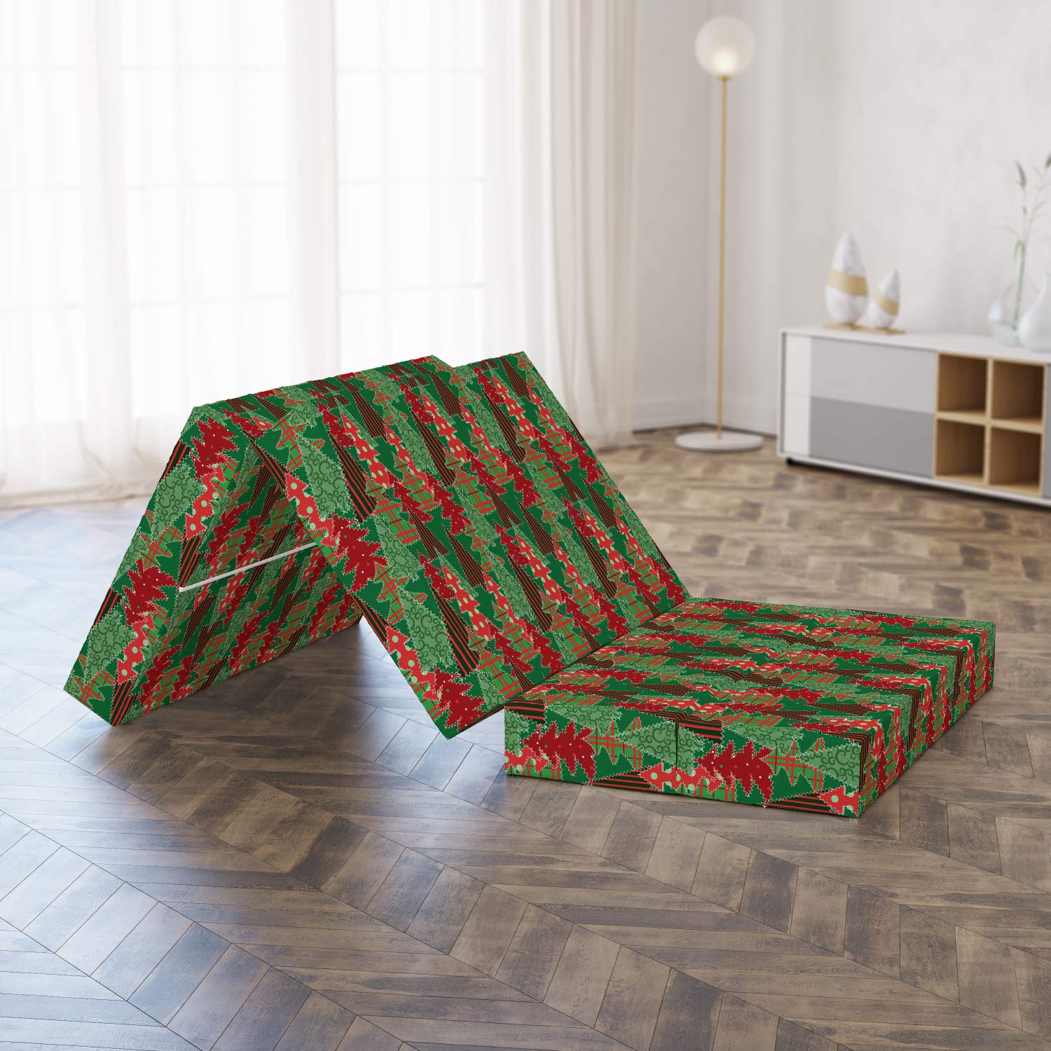 Ambesonne Christmas Foldable Mattress - Tree Pines Swirl Dot Design - 74.8