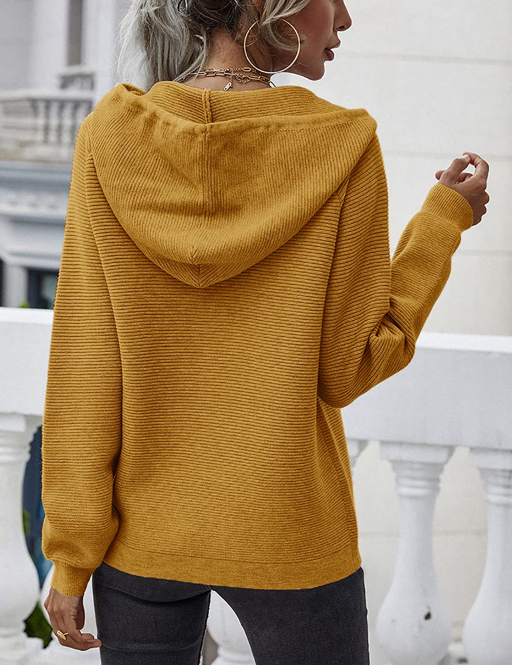 Lrady Women's Casual Pullover Sweater Knit Hoodie Button-Up Sweatshirt V-Neck Henley Shirt Blouse Tunic Top for Fall Winter Layering & Everyday Wear