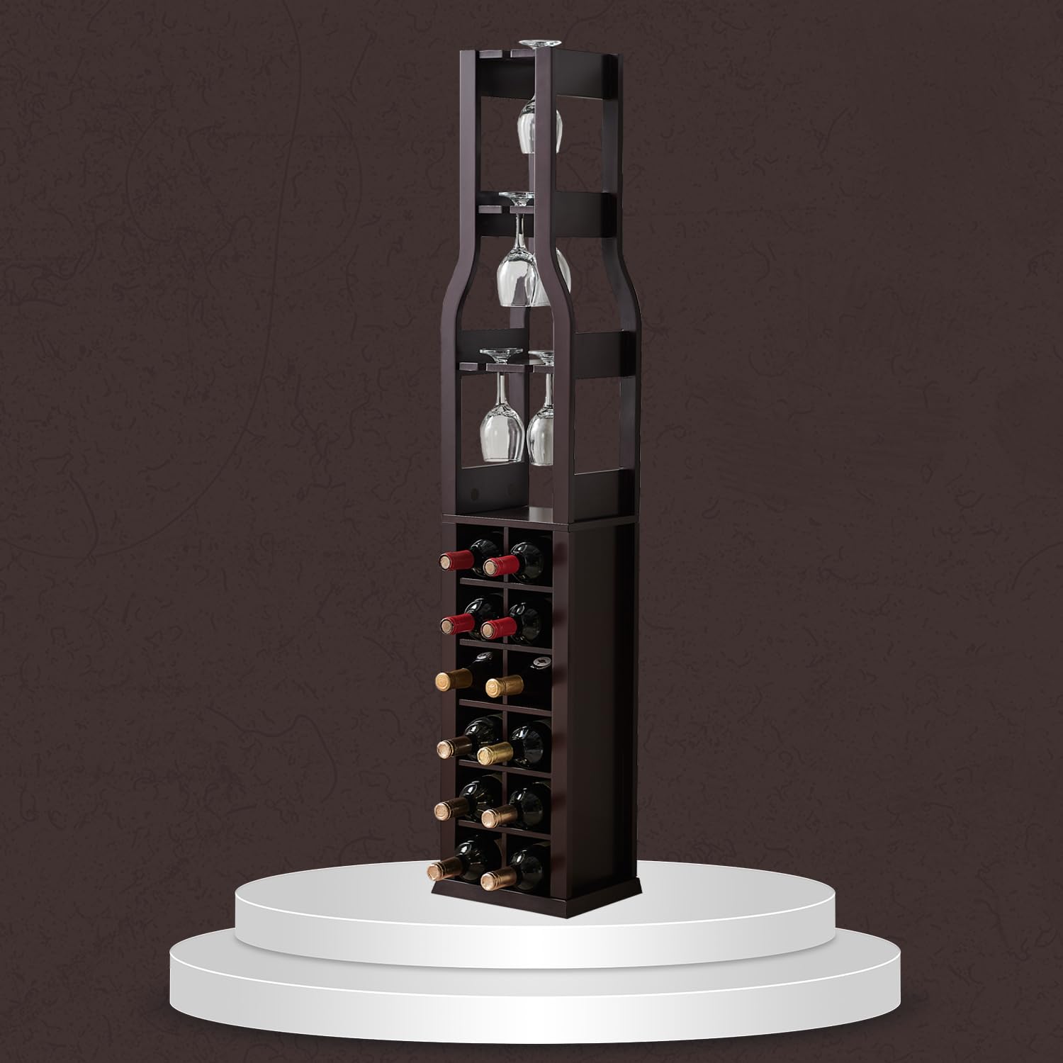 Kings Brand Granger Freestanding Wine Rack with Glass Holder - 12 Bottle Capacity & 3 Stemware Racks - Dark Cherry Wood Floor Standing Wine Storage for Home Bar, Kitchen, Dining Room - Perfect for Wine Enthusiasts & Entertaining Guests