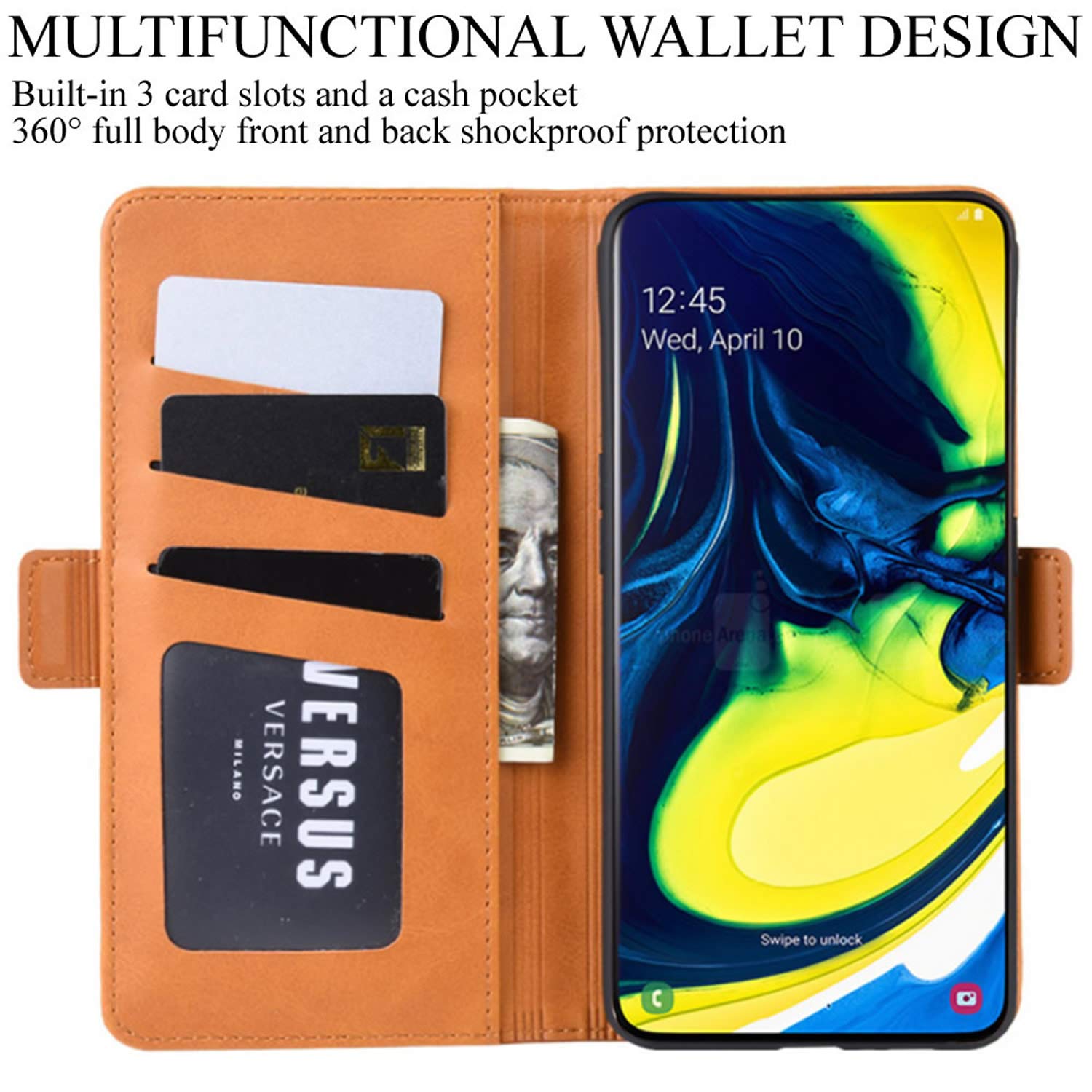 Samsung Galaxy A80 Wallet Case - PU Leather Flip Cover with Card Slots, Magnetic Closure & Viewing Stand | Shockproof Protective Phone Case for Samsung Galaxy A80 (Orange) | Perfect for Travel, Work & Daily Use