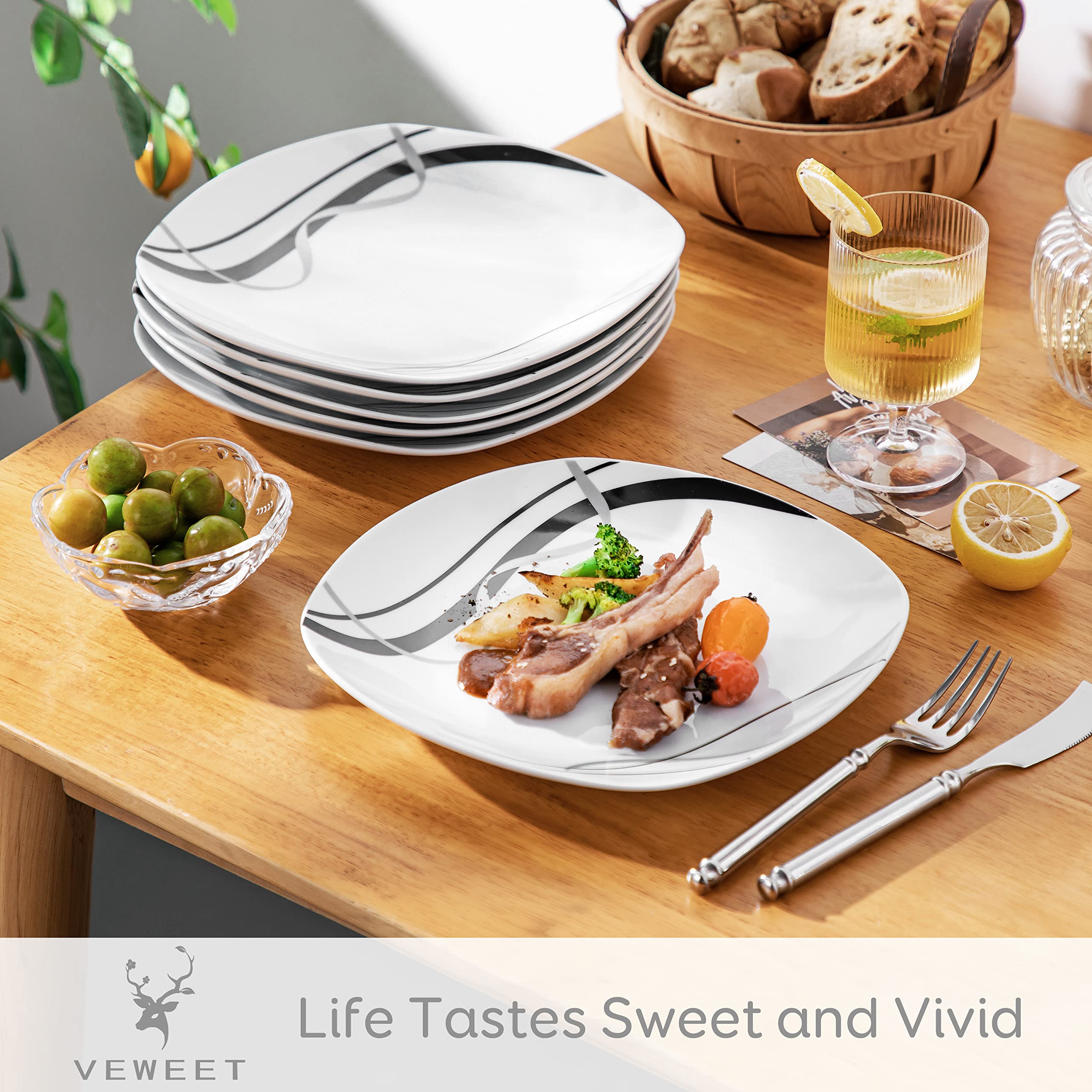 VEWEET 9.8 Inch Square Ceramic Dinner Plates Set of 6 - Microwave & Dishwasher Safe Porcelain Dishes for Salad, Pasta, Appetizers - Elegant Fiona Series for Home Dining, Parties & Restaurants
