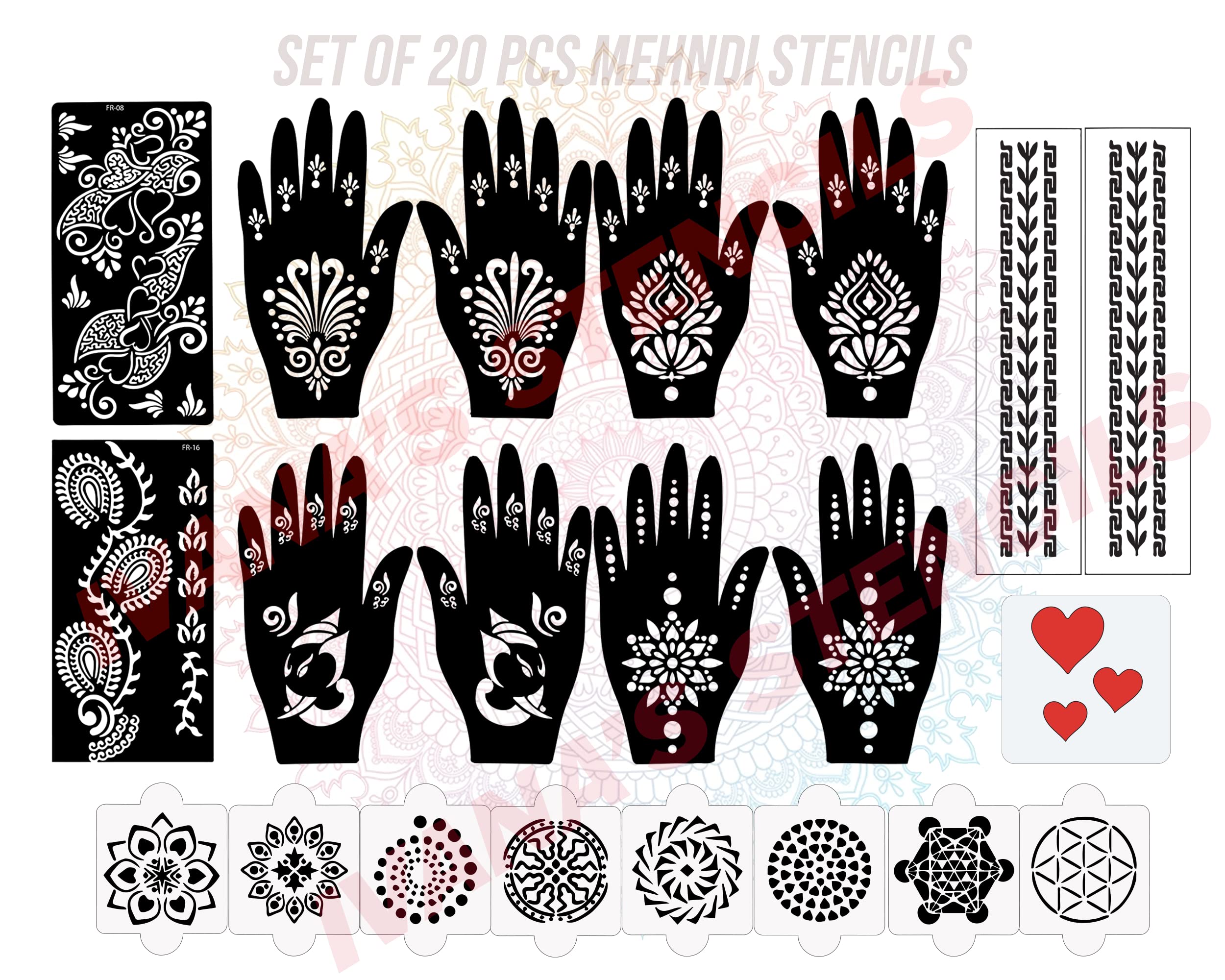20 Pcs Reusable Henna Sticker Stencils for Hands - Easy Mehandi Design Templates for Girls, Women & Kids | DIY Body Art Kit for Parties, Weddings & Festivals | D-2164