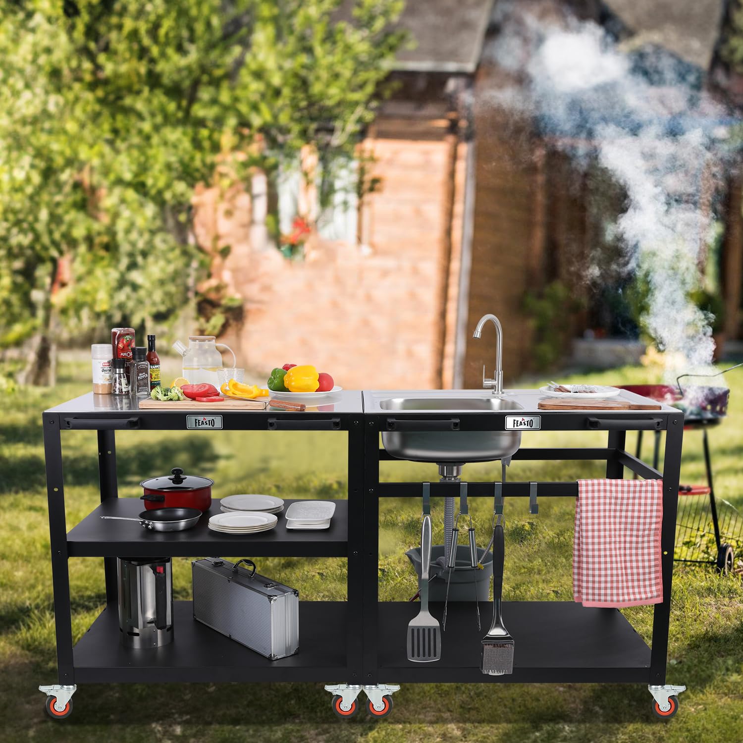 Stainless Steel 3-Tier Outdoor Grill Cart with Sink - Heavy Duty BBQ Prep Table with Wheels for Patio, Backyard, Camping & Tailgating | Perfect for Grilling, Food Prep & Outdoor Cooking
