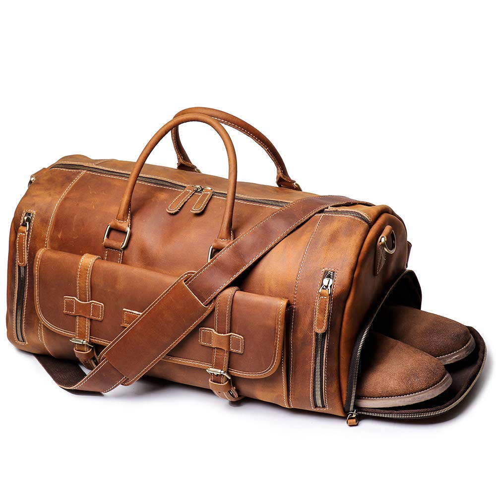 Premium Full Grain Leather Travel Duffel Bag for Men - Carry On Weekender Overnight Bag with YKK Zipper (Brown) - Ideal for Business Trips, Gym & Weekend Getaways