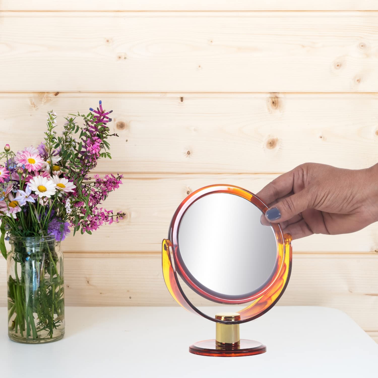 Scarlet Line Professional Round Double-Sided Magnifying Makeup Mirror with Stand - 1X/10X Magnification Vanity Mirror for Men & Women, Framed Tabletop Dressing Mirror - Perfect for Makeup Application, Skincare Routine & Grooming
