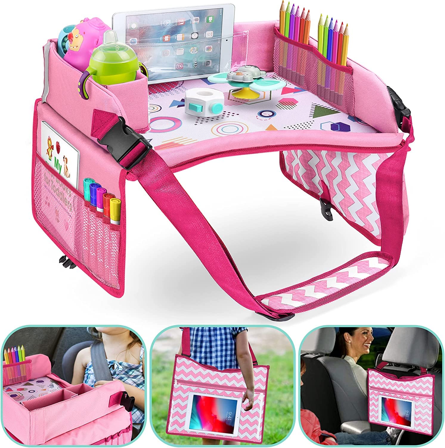 **Kids Travel Tray for Car Seat & Airplane – Portable Lap Desk with Storage Pockets & Dry Erase Board – Road Trip Essentials for Toddlers & Children (Pink) – Perfect for Snacks, Activities, and Learning on the Go**
