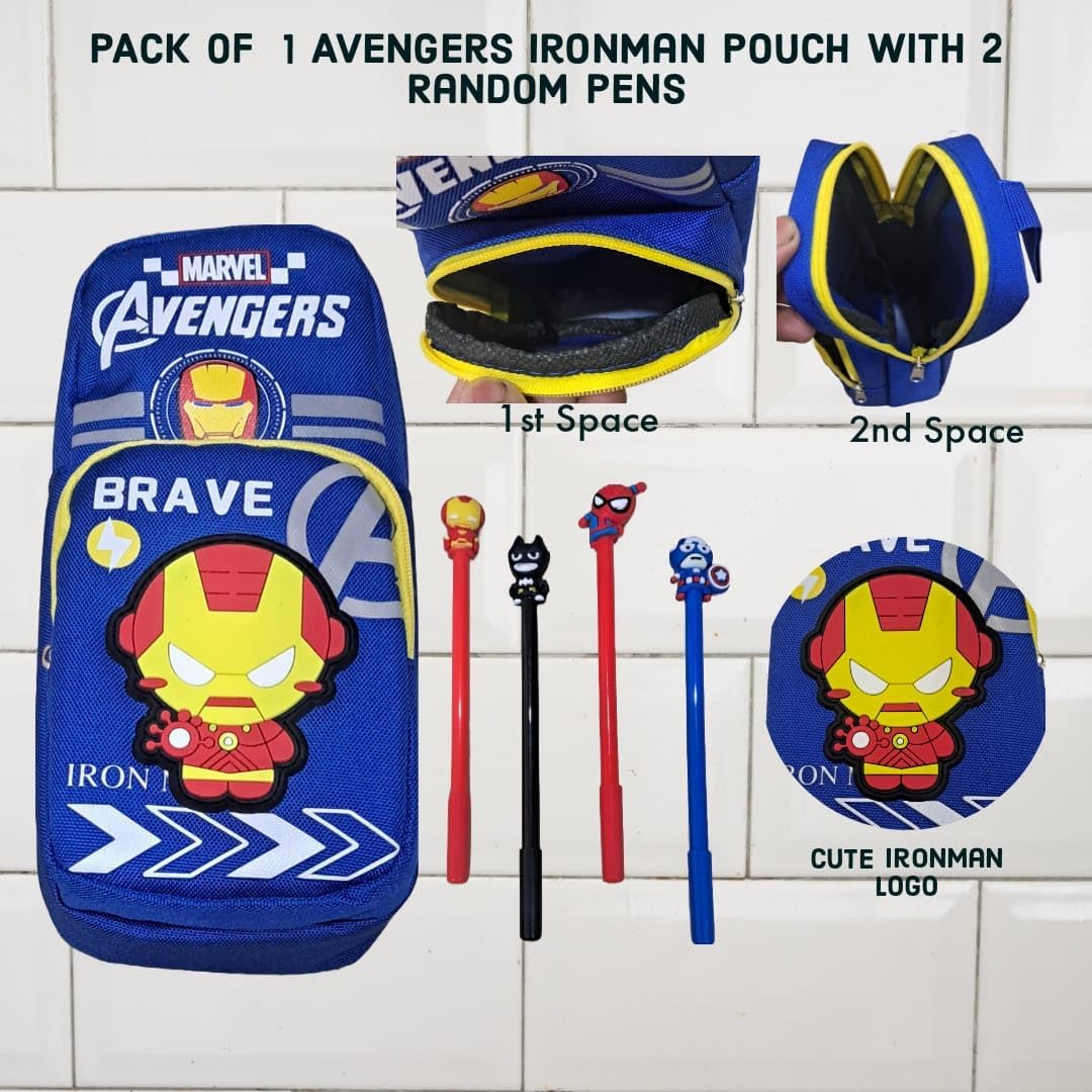 Marvel Avengers Themed Pencil Case for Boys - Dual Compartment School Stationery Organizer with 2 Pens Included | Perfect for School, Office & Travel (Iron Pouch + 2 Pens)
